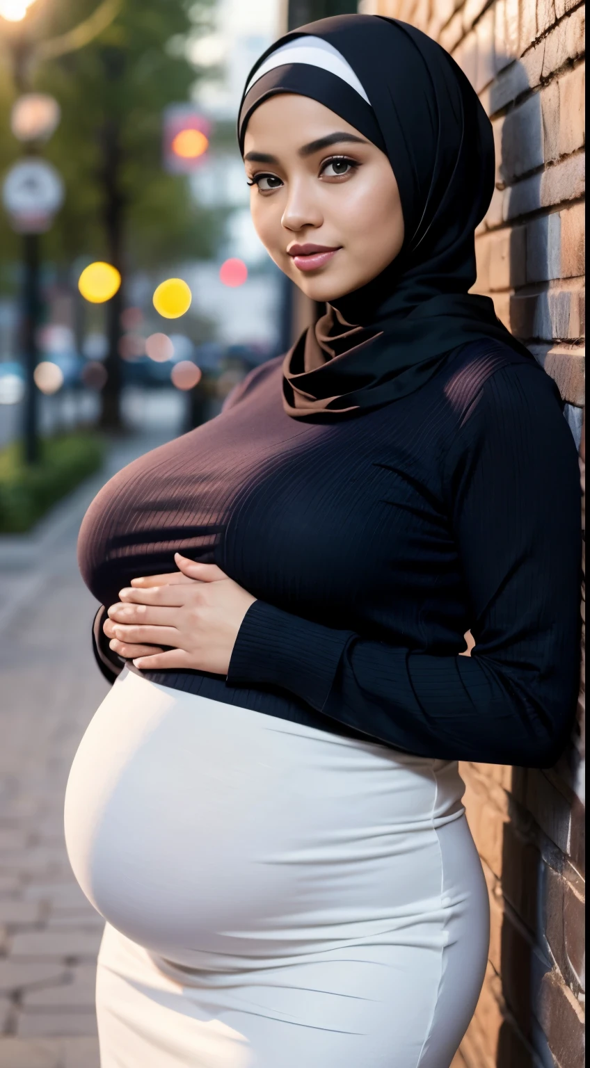 RAW, Best quality, high resolution, masterpiece: 1.3), Beautiful Malay woman in hijab, Masterpiece, perfect fit body, ((Big breasts)), ((huge pregnant)), beautiful big eyes, Soft smile,Muslim woman wearing striped top and long tulle skirt, striped sweater , wearing a striped shirt, stripes, stripes, hijab, wearing a casual sweater, striped shirt, white hijab, casual clothing style, modern casual clothing, wearing a cute top, beautiful image, she smiles, smooth turtleneck, necklace , hairband, evening walk, City park, Great lighting, Bright colors, Clean lines