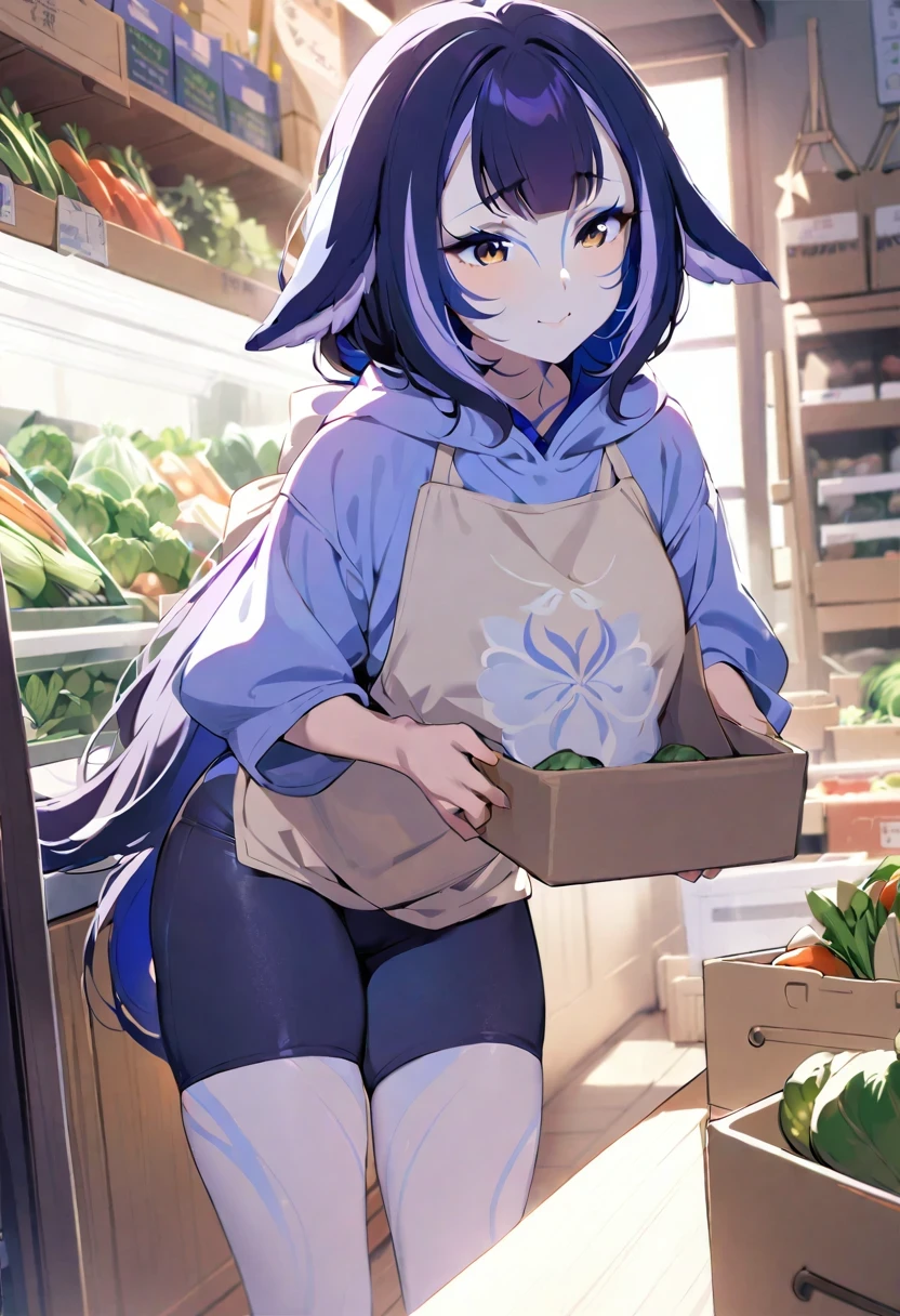 (shylily/(Twich/):1.5),(masterpiece:1.2),(best quality:1.2),, (1girl:1.3),masterpiece, best quality,
((vegetables shop)), solo, apron, (working), ((bike_shorts)), deep levels, soft lighting, detailed face and eyes, low ponytail, ,