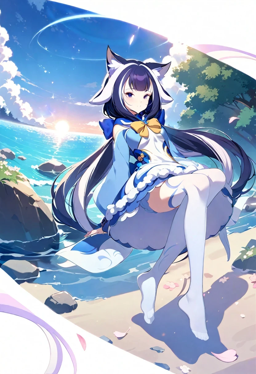 (shylily/(Twich/):1.5),(masterpiece:1.2),(best quality:1.2),, (1girl:1.3),(no shoe:1.3),[(white background:1.35)::0.25], (bottle bottom:0.9),mid shot, full body, flowers,floating petal,stone fragment, beautiful detailed water,cloud,sun,dusk,sunset,(Extremely Detailed CG Unity 8k Wallpaper),(high resolution),(Best background details:1.26),(Best character details:1.36),(pastel (medium):1.35),sparkle, cat ears, (cat girl:1.1), hair between eyes, ((low twintails)), long hair, hair ribbon, hair ornament, bowtie,fur-trimmed dress, ((white:1.2) thighhighs:1.3),, illustration, Accumulate, table, flower, bow, bangs, tree, frills, long sleeves, bowtie, pink flower, closed mouth, shirt, outdoors, pink bow, grass, yellow bow, saucer, [(floating island:1.2,cloud)::5],