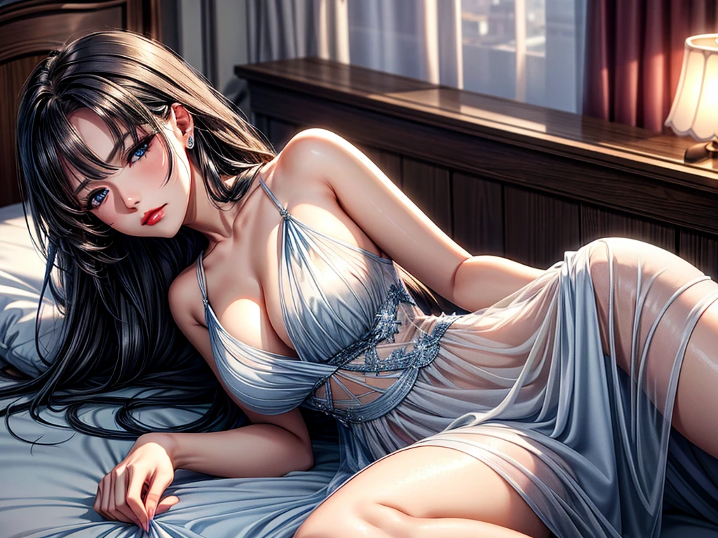 Elegant adult women, blue eyes, Long hair, side swept bangs, Grow eye hair, Sheer dress, see through dress, POV when she sleeps next to her, 4K resolution, High quality CG, fair,