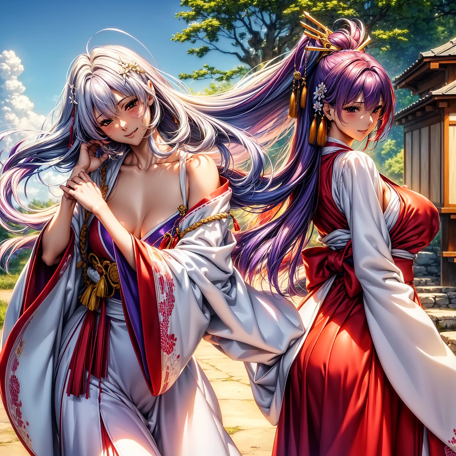 (((highest quality、masterpiece、Very high resolution、High-definition images)))、Beauty Painting、(One strong, beautiful woman:18-year-old、Beautiful body:Slender, beautiful breasts and beautiful legs、Beautiful Face:smile、eyes with strong will,Beautiful Hair)、best skin and hair texture,Realistic skin texture,realistic hair texture、(Shrine maiden costume:White:Red Hakama,Purple hair,Shoulders and chest are exposed)、Beautiful shrine、Beautiful pine tree、Beautiful sky、Natural light、Beautiful viewodel pose、Beautiful pose、Model shoot、Gravure photoshoot、(((The wind is blowing))),Accurate Images:1.5、Accurate anatomy:1.5、Flawless images、Perfect image、Overall image、(Best Shot、Raw photo、Photorealistic)1