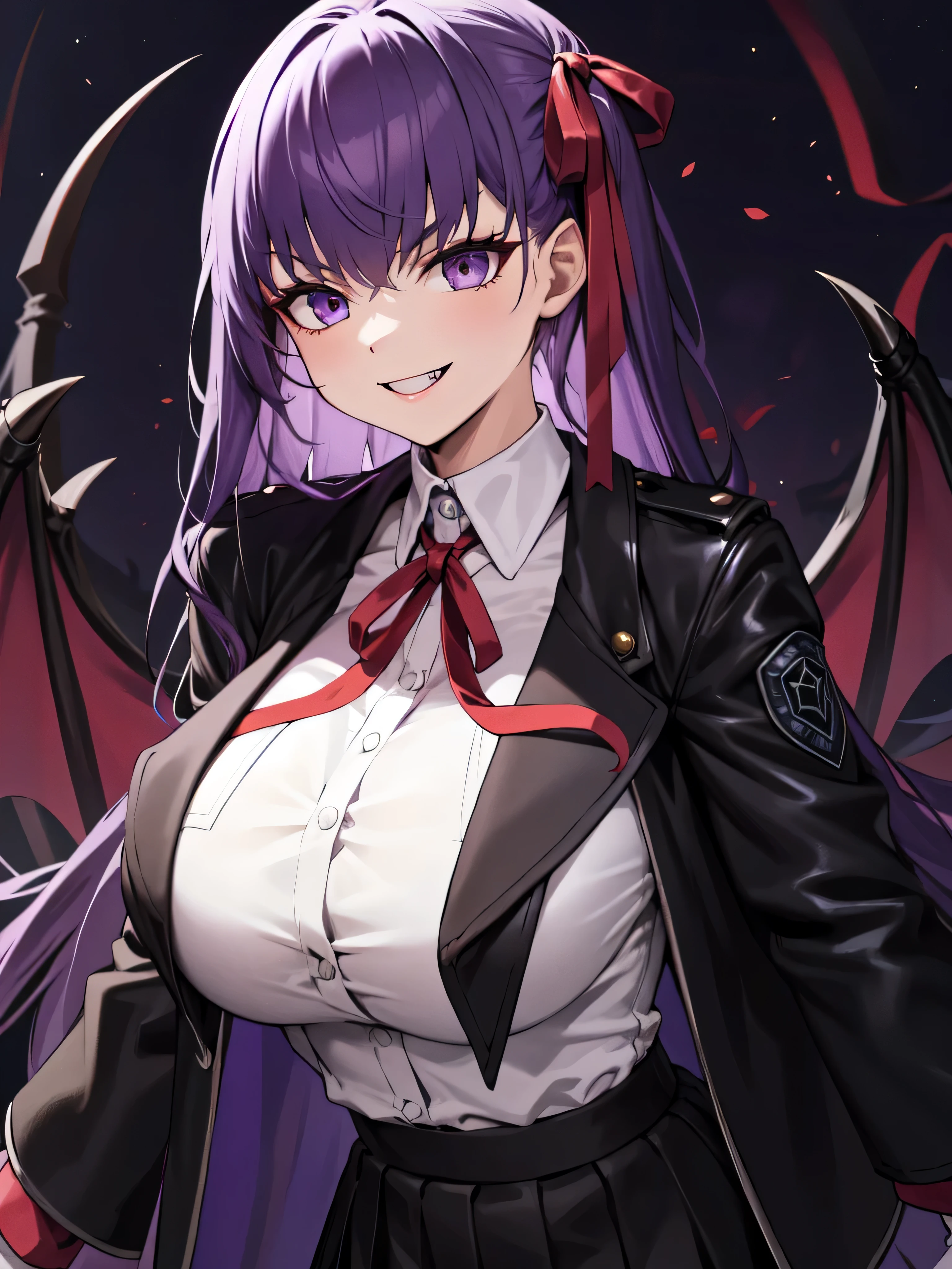  isometric, mid shot,  night, ,,, purple hair, black jacket, white shirt, black skirt, red ribbon, big breasts, purple eyes, white gloves, long hair, big collar,,(evil smile:1.3),black darkness,hell,upper body,