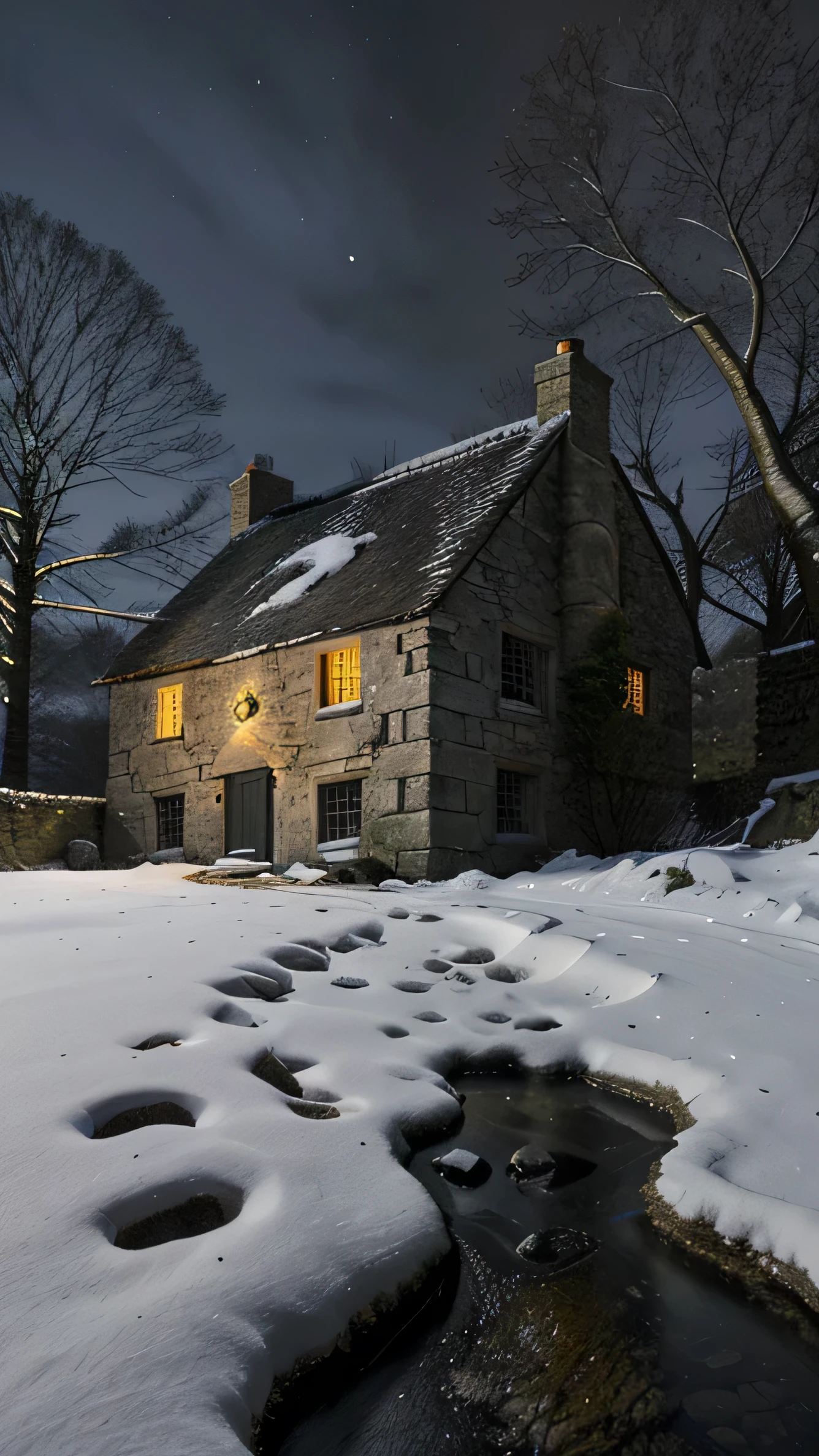 close up, andrew wythe style, old stone cottage on a hillside, very dark night with bright moonlight, snow on the ground, bare trees