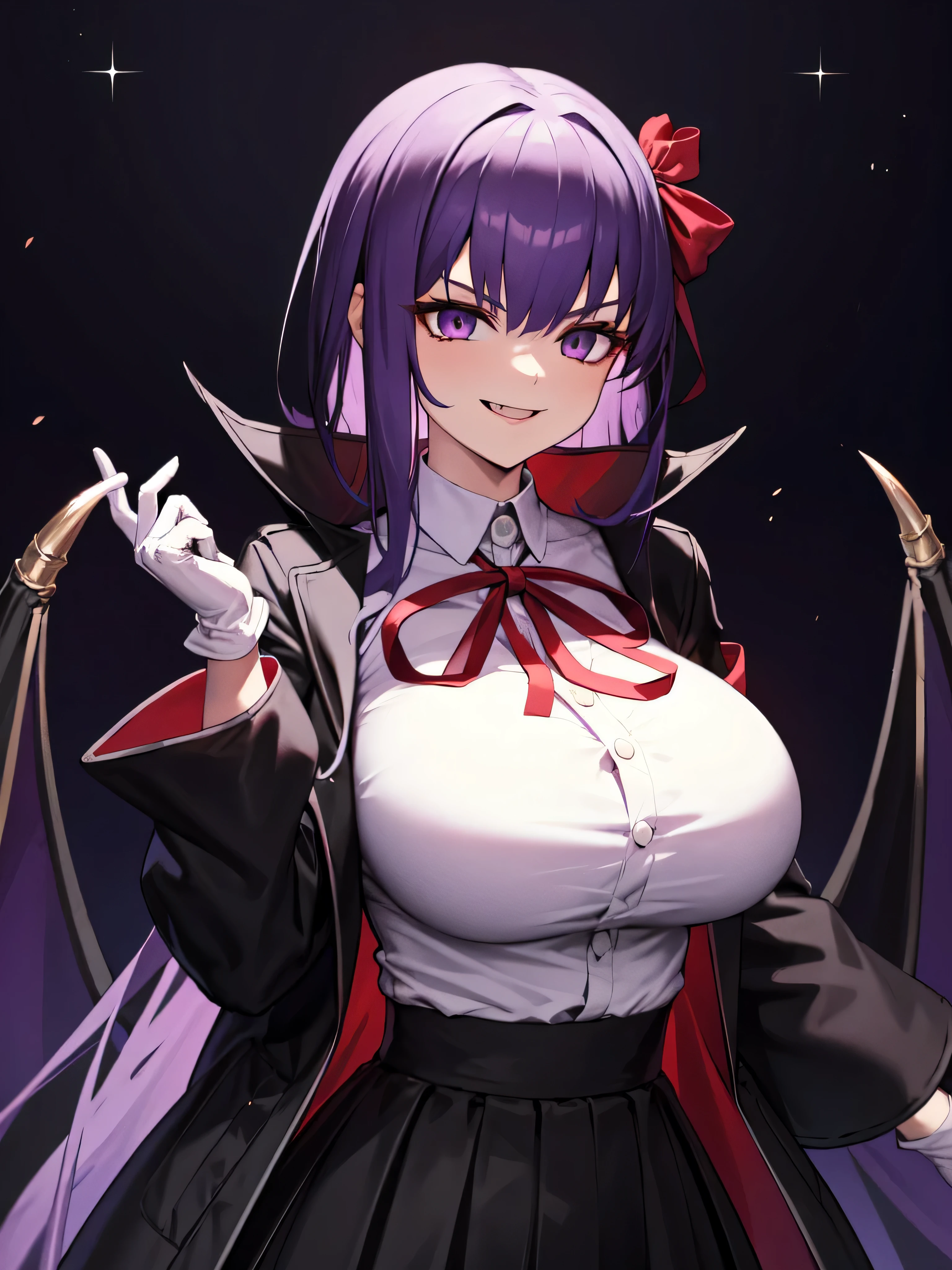  isometric, mid shot,  night, ,,, purple hair, black jacket, white shirt, black skirt, red ribbon, big breasts, purple eyes, white gloves, long hair, big collar,,(evil smile:1.3),black darkness,hell,upper body,