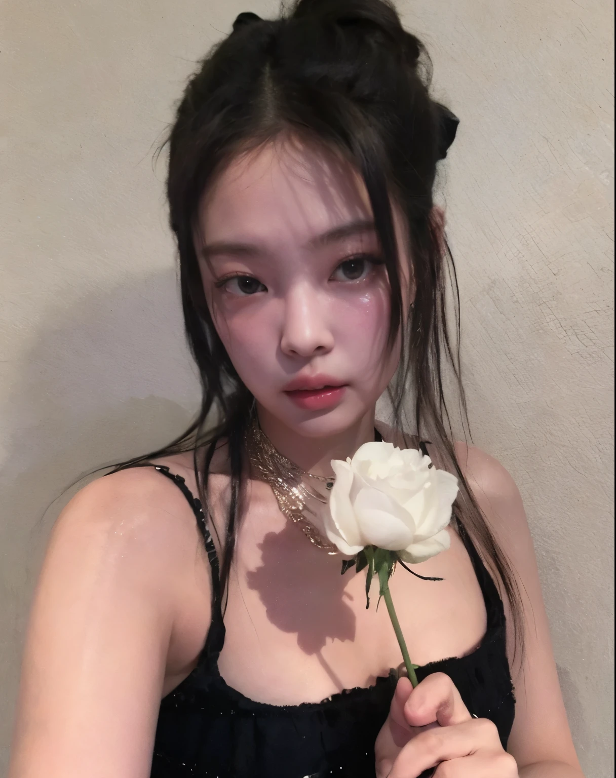 Mujer arafed con una rosa en la mano y un collar alrededor del cuello., Jennie rosa negra, junko enoshima, jossi de blackpink, jinyoung shin, shikami, chiho, cruel korean gothic girl, imagen de perfil, parque roseanne de blackpink, heonhwa choe, portrait of jossi de blackpink, con flores, Suzuki Kiyoko, jennie blackpink 