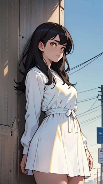 summer dress long sleeves muscular white dress thick black hair yellow eyes pale skin