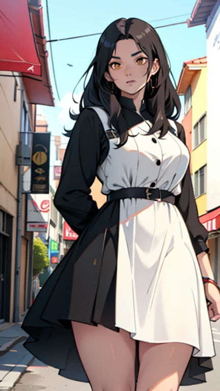 summer dress long sleeves muscular white dress thick black hair yellow eyes pale skin