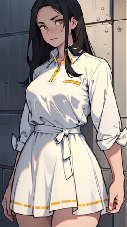 summer dress long sleeves muscular white dress thick black hair yellow eyes pale skin