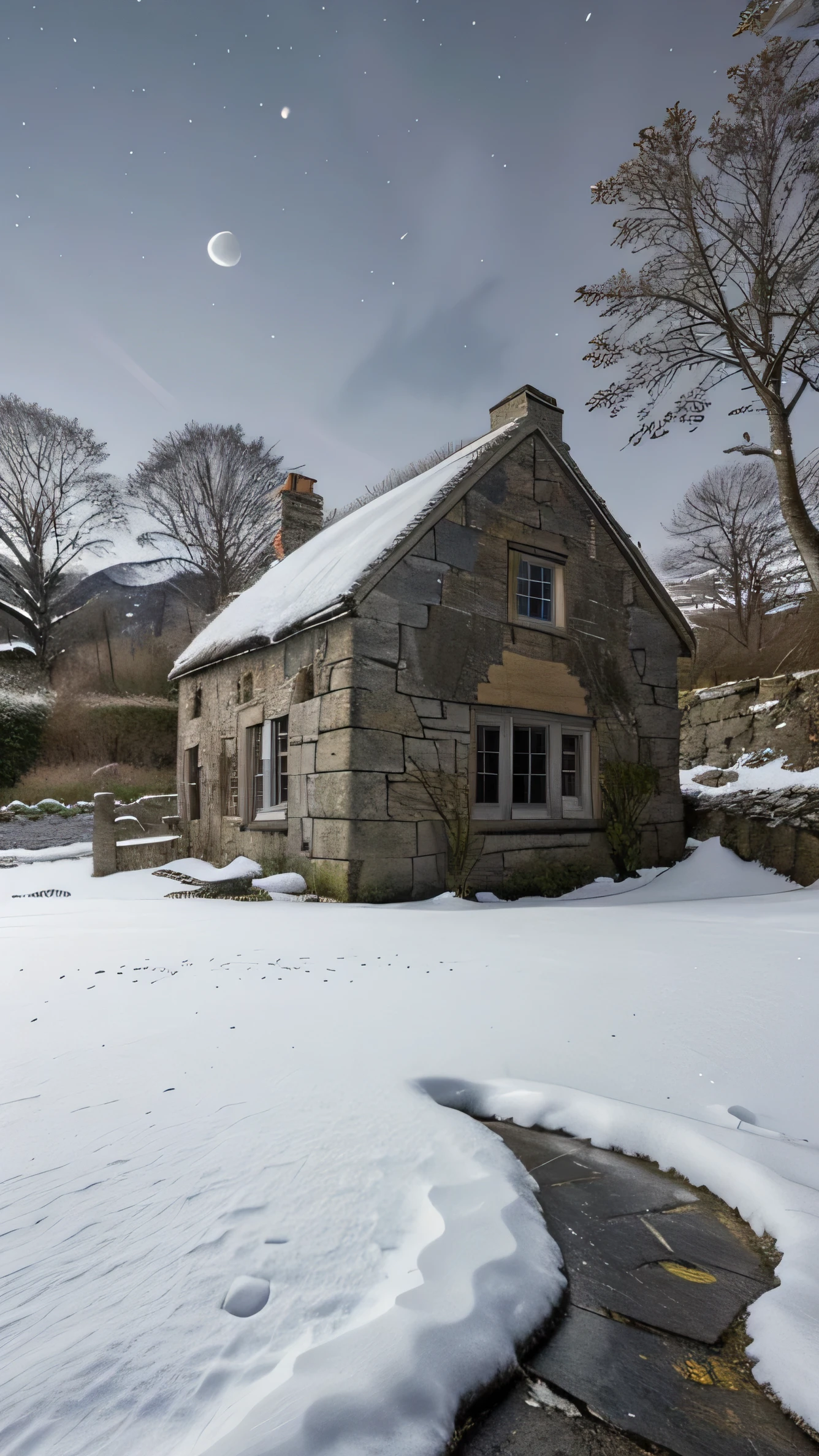 close up, andrew wythe style, old stone cottage on a hillside, very dark night with bright moonlight, snow on the ground, bare trees