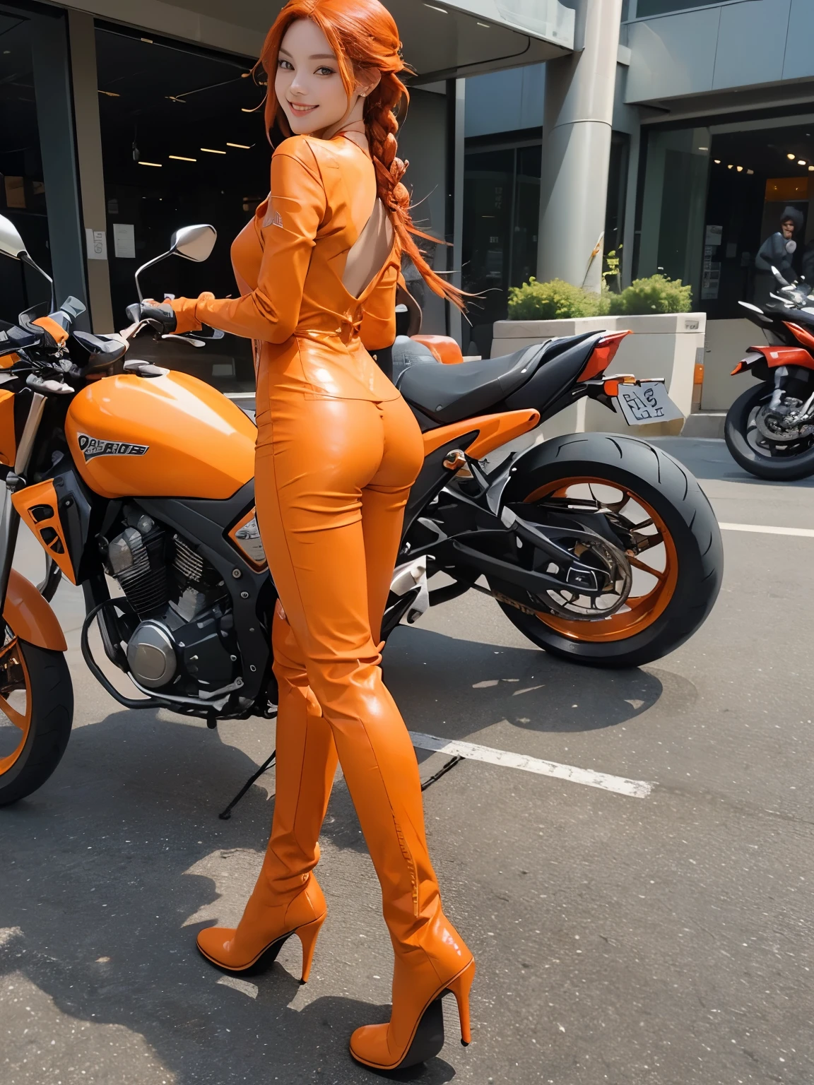 ((highest quality)), ((masterpiece)), ((Perfect Face))、（(motorcycle details)）、Detailed and clear photos、((Riding a motorcycle))、Slim body、Long limbs、(full body shot)、smile、((Orange leather jumpsuit and long boots))、((Braided red hair))、(Back view)