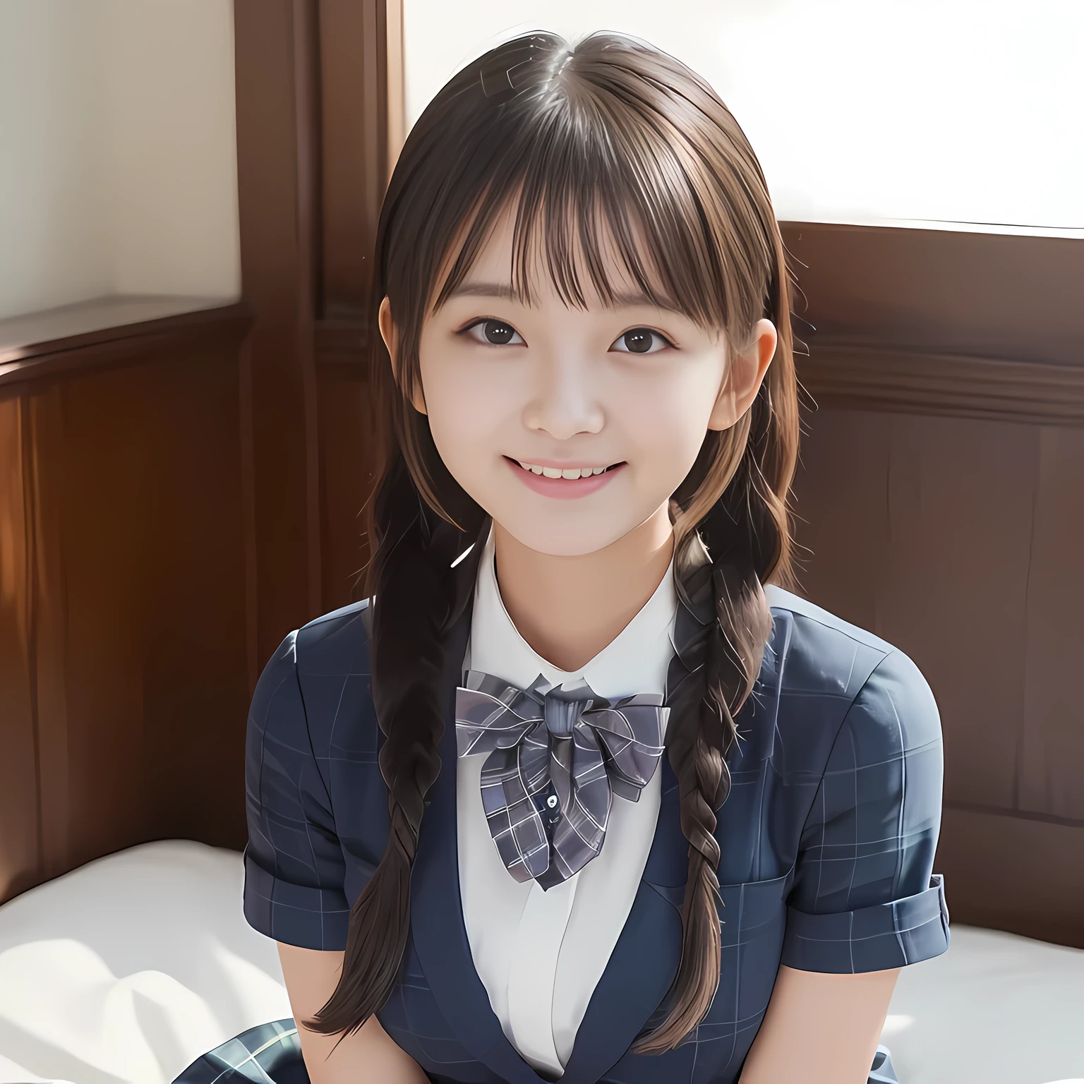 (highest quality、masterpiece:1.2)、highest quality、Realistic、photograph、High resolution、1080p、8K、Fair skin, especially face, Physical Rendering、((Height: 160cm)), one Japanese girl、((((((Siren in the form of an 18-year-old Japanese fashion model)))))), school summer uniform, ((((Siren, in the form of a gentle girl, turns to the side and looks at the viewer with kind eyes.)))), (((big very detailed beautiful dark brown eyes))), ((((impressive plain navy large school ribbon bow tie)))), ((((black very beautiful and very very long braids)))), ((((deep blue colored tartan checkered formal long pleated pleated skirt)))), ((A unpatterned formal dark blue blazer in solid that is slightly oversized and has an emblem on the left chest.)), (((((((looking at me giving me pity))))))), detailed fingers, ((curled bangs)), ((Very large and beautiful eyes of Japanese girls, drawn with great care and attention to detail)), double eyelids, Thin eyebrows, ((drooping eyes)), (((very long eyelashes))), ((cute lovely lovely laughing laughing cheeks)), ((Pure white light hits her face from above and in the front, making her skin and eyes shine beautifully.)), ((Strong light hits the nose and cheeks、It brings out the richness of the expression.)), ((The skirt is very cute)), (((((Her facial features are very expressive lovely smile, very very pure, very very intelligent.))))), ((((On the bed)))), (((Shooting from the side)))