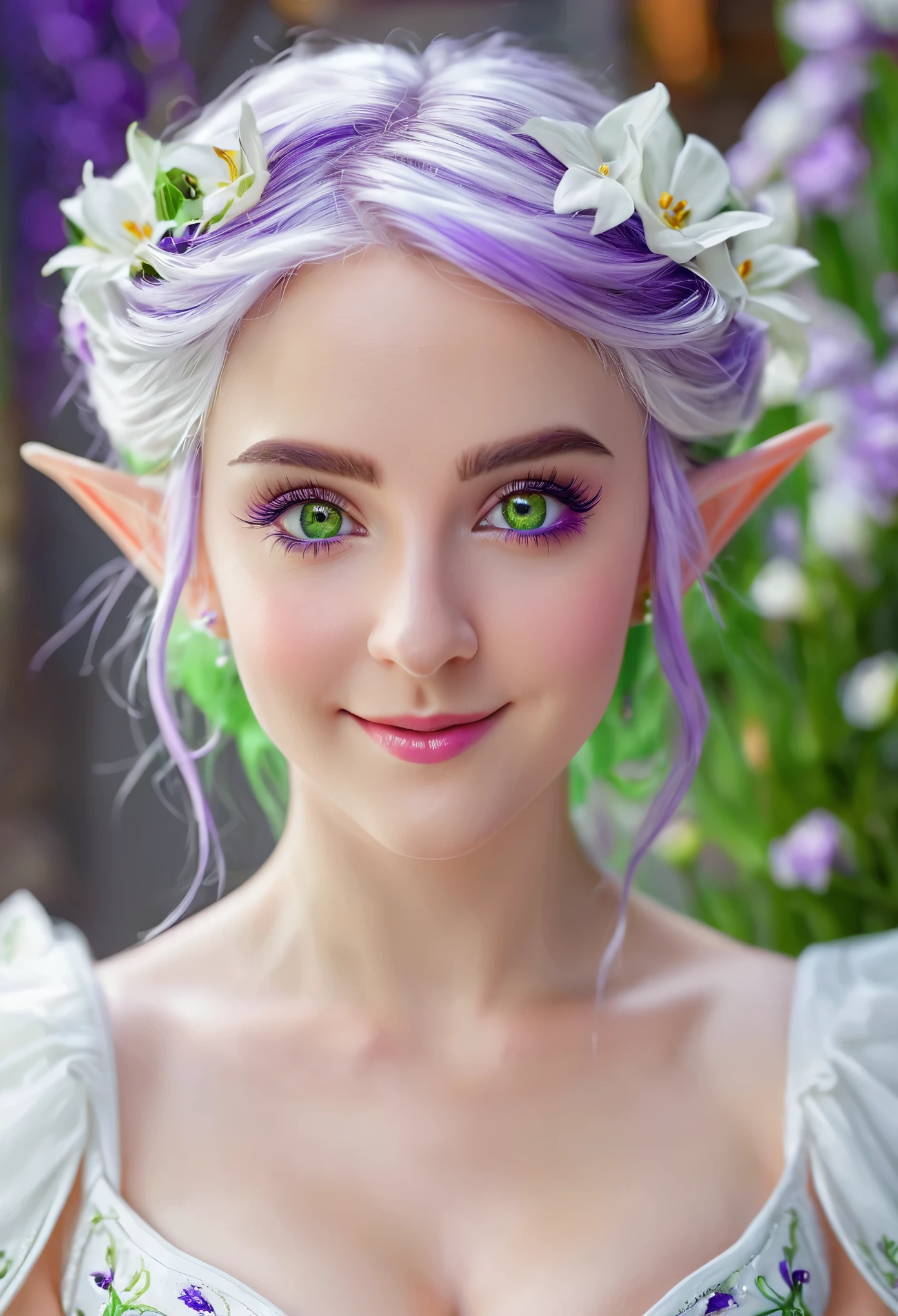 Stable Diffusion prompt: Elf, standing, smiling, beautiful detailed eyes, green detailed eyes, purple and white hair, white dress, flowers, white skin, white body, showing cleavage, small, oil painting, ultra-detailed, studio lighting, vivid colors, bokeh, portraits, green and purple color tones, soft lighting