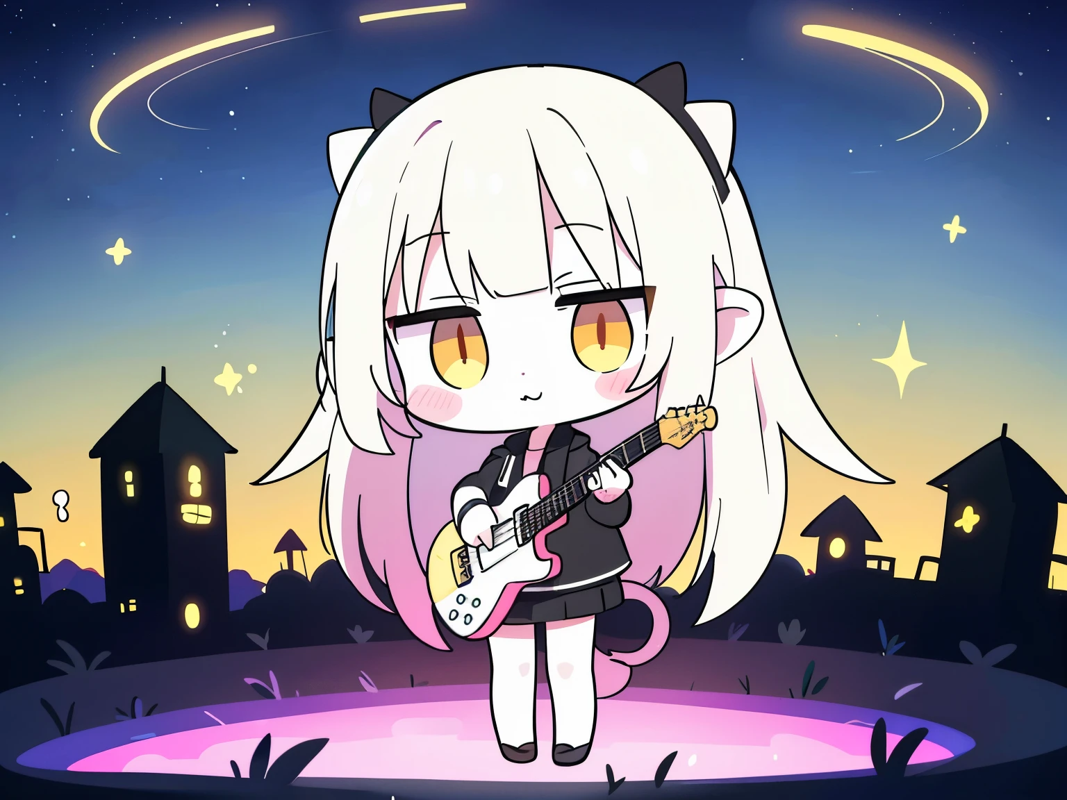 (Best image quality),(masterpiece),(Very detailed),Vast Sky, Beautiful skyline, Wide grassland, A very tense and dramatic photo, Moving visual effects, Polaris hanging high, Colorful natural glow.(Cute rabbit wearing a leather jacket and holding an electric guitar 1.5), (White skin:1.3), Hairy，(White fur:1.3),((Golden Eyes)) ,(Grey long drooping ears), (((kawaii chibi character)))