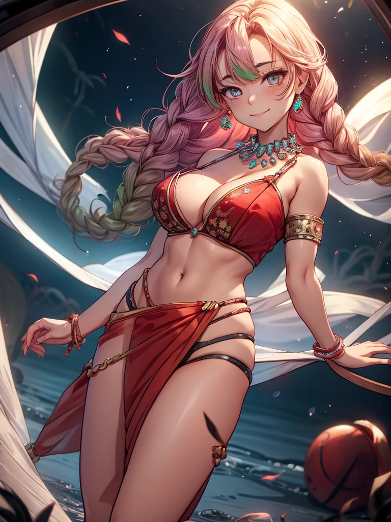 (8k, RAW photos, minino:1.1) ,female,(looki at viewer company),cowboy lens,Japanese,mitsuri/ (demon slayer\),(fullbody saree:1.1),La Brett Piercing,,(((saree))),seductive smile,Be red on the face, full body photo, standing, lean, muscular legs, muscular belly, , seductive pose, Professional lighting、photon mapping、physics-based rendering、dark theme,wearing wifs, jewellery and necklace, alone, extreme high quality