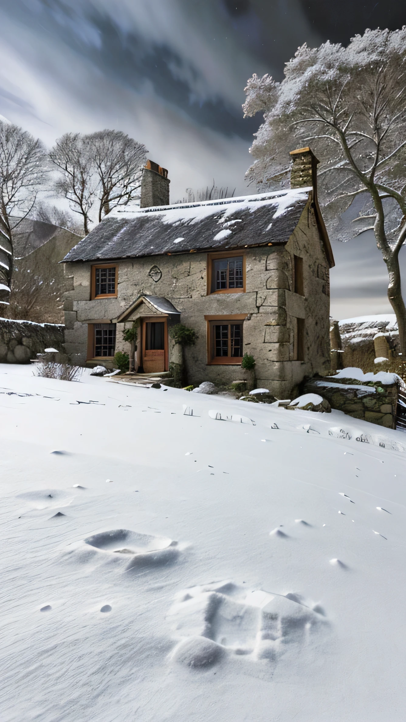close up, andrew wythe style, old stone cottage on a hillside, very dark sky with bright moonlight, snow on the ground, bare trees