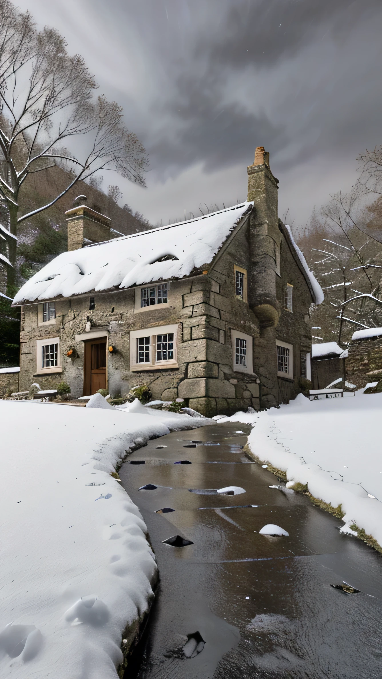close up, andrew wythe style, old stone cottage on a hillside, very dark sky with bright moonlight, snow on the ground, bare trees