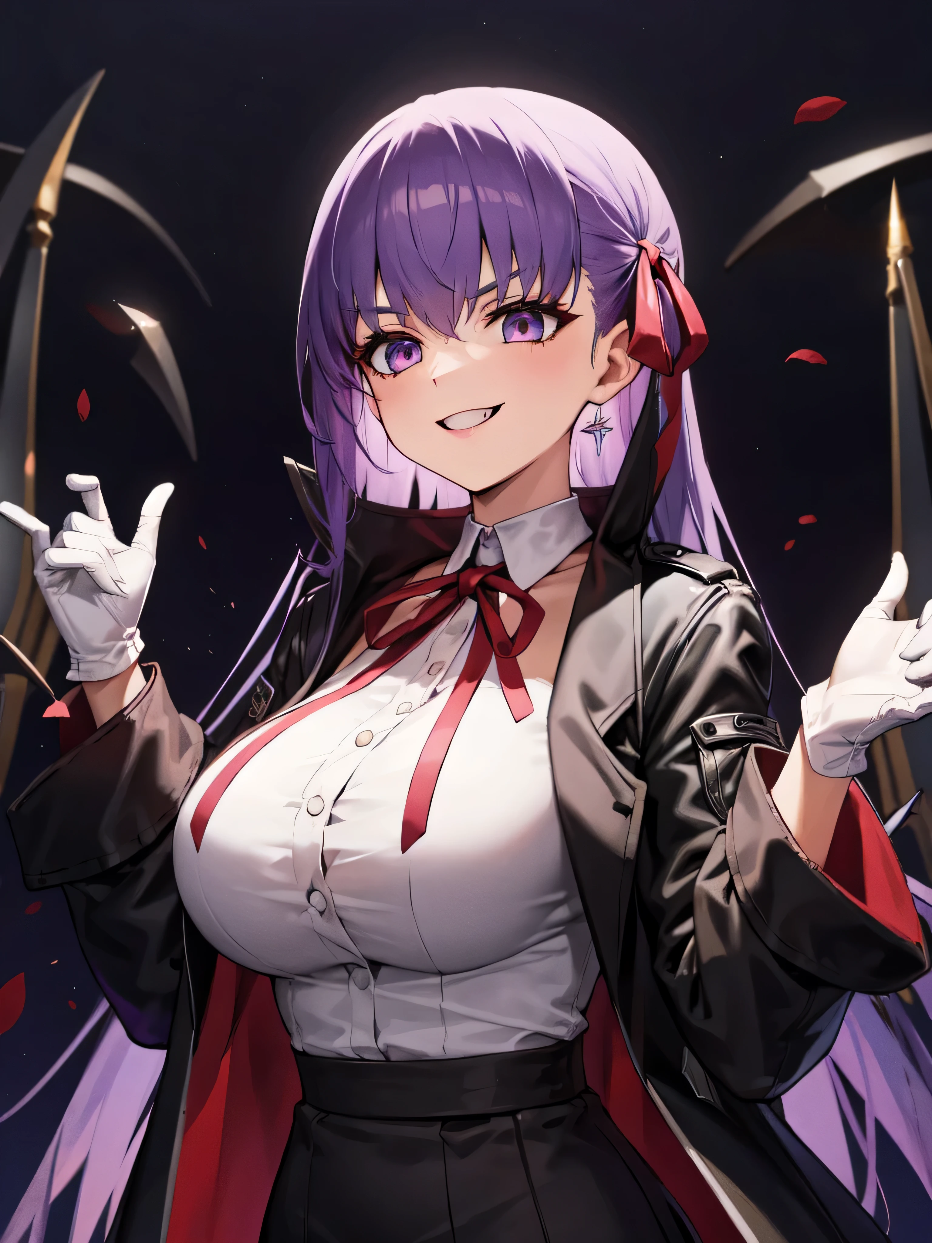  isometric, mid shot,  night, ,,, purple hair, black jacket, white shirt, black skirt, red ribbon, big breasts, purple eyes, white gloves, long hair, big collar,,(evil smile:1.3),black darkness,hell,upper body,