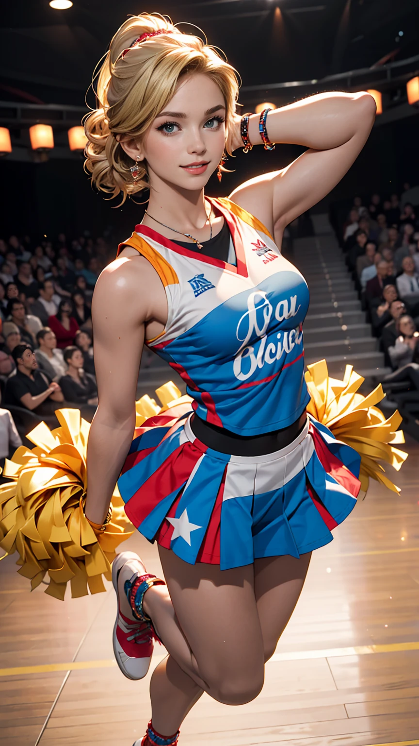 ((最high quality, 8K, masterpiece: 1.3, Ultra HD, high quality, 最high quality, High resolution, realism)) 、A 22-year-old extremely beautiful white woman、Hair color blonde、blue eyeedium Hair、Straight Hair、smile、Slender but well-proportioned body、Athlete-like body type、I want my head to stay off screen、Wearing accessories on the wrist、Put an anklet on your ankle、Wearing red nail polish、I have a peticure、Being a cheerleader、Kick your feet up above your head and dance