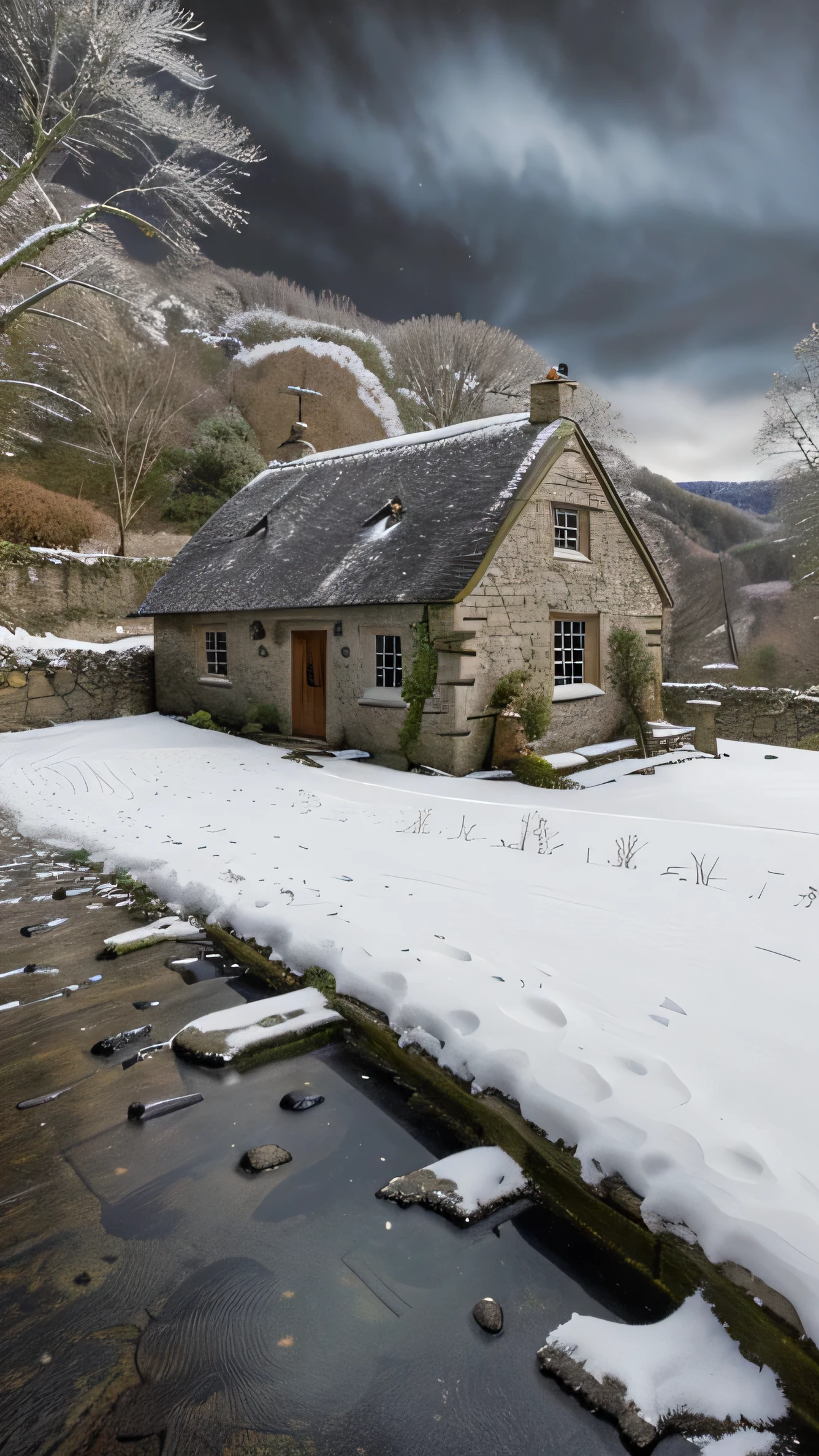 close up, andrew wythe style, old stone cottage on a hillside, very dark sky with bright moonlight, snow on the ground, bare trees