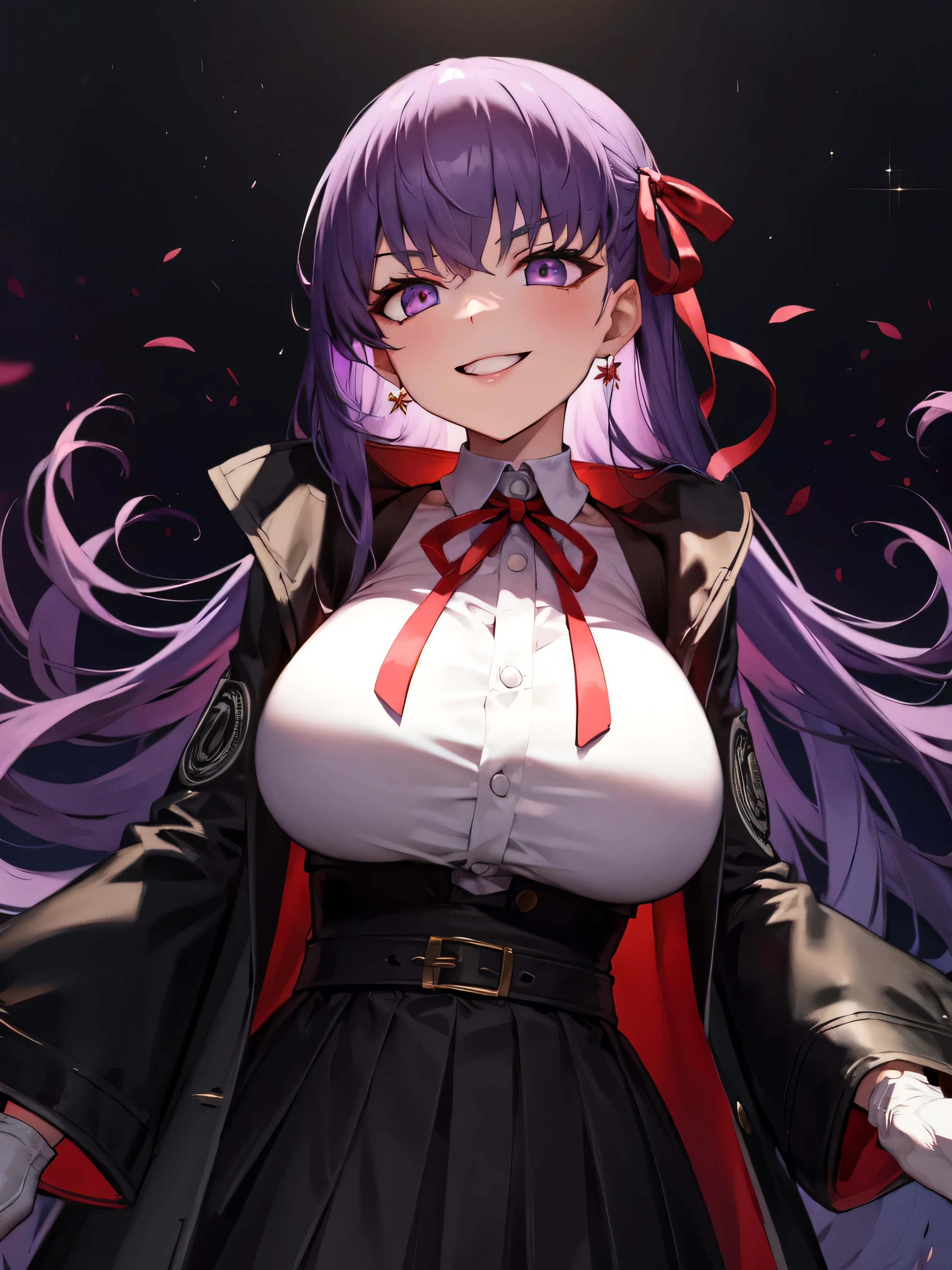  isometric, mid shot,  night, ,,, purple hair, black jacket, white shirt, black skirt, red ribbon, big breasts, purple eyes, white gloves, long hair, big collar,,(evil smile:1.3),black darkness,hell,upper body,