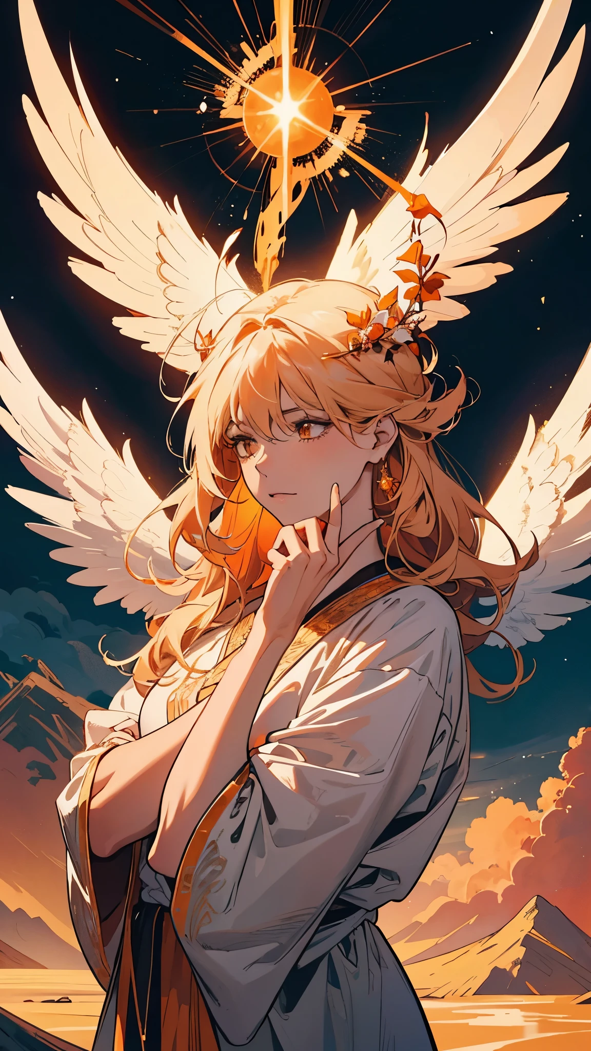 Angelic being without human affections, a creator being of the universe, mythology, In the background of the image, a scenario of heavenly mountains, orange clouds. The style of the image should be in comics, with strong and striking strokes, and mythological and angelic touches on the characters