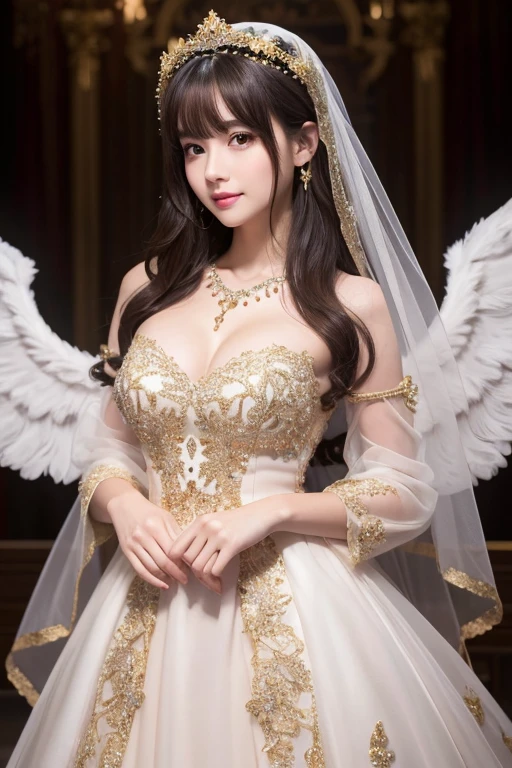 Superb Quality, Masterpiece, High Resolution, 1Girl, Blush, (Seductive Smile: 0.8), Star Pupil, brown eye, normal , perfect body shape ratio, bare face, body goals girl, ideal girl, perfect girl, she's my girlfriend、full body Esbian、perfect anatomy, detailed anatomy, A dark-haired, cute bangs, long straight dark hair, sweet smile, stunning face, good girl, idol, key of visual, gorgeous face, perfect anatomy, detailed anatomy, elegant diamond necklace, perfect necklace, sweetheart, bright veil, perfect veil, elegant veil, radiant dress, long dress, long sleeved dress, full body covered by dress, a flower crown above her head((flower crown:2,4)), detailed flower crown, perfect dress, detailed dress, heavy, elegant gloves covered by gold 24 carat, front view, full body looks, she has a pair of angel's wings, beautiful wings, perfect wings, detailed wings, perfect camera, HD quality, high picture quality、celestial palace background, 8K UHD, DSLR, Soft Light, High Quality, Volume Lighting, HDR on, High Resolution, 4K, 8K, Background Bokeh
