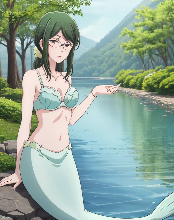 ((masterpiece, high quality, best quality, highres,)) , mermaid, bra,
outdoors, forest, looking at viewer, long mermaid tail below waistline,
hanako, swim in lake,