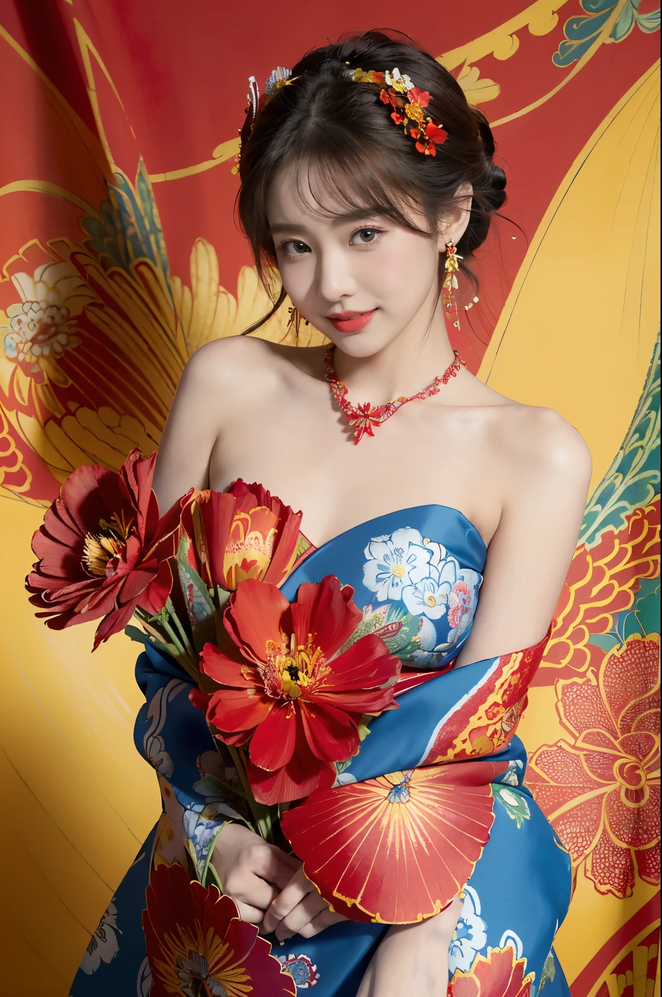 (masterpiece, top quality, best quality, official art, beautiful and aesthetic:1.2), ((1girl,solo)), extremely detailed,(fractal art:1.1),(colorful:1.1)(red flowers:1.3),highest detailed,(zentangle:1.2),(slim,thin),(happy,smile), (dynamic pose), (abstract background:1.3), (blue floral Japanese Traditional cloth:1.2), (shiny skin), (many colors:1.4),bare shoulder,(earrings:1.2),(necklace:1.2),(from front:1.2)