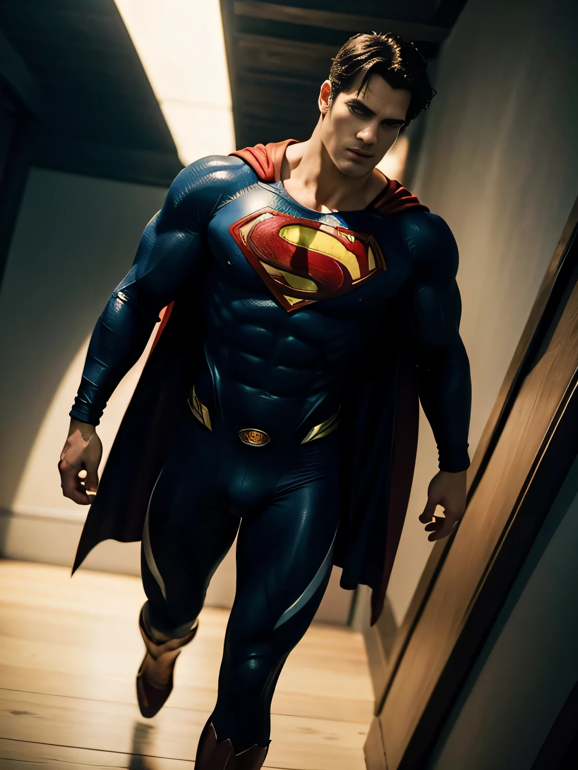 Henry Cavill wearing full Superman suit with long red cape has very big bulge,can see full body of superman((Best Quality, 8K, ultra-detailed, Masterpiece: 1.3)), 1boy, shiny skin, sharp, Perfect Body Beauty, realistic shaded perfect body, The image is primarily composed of white, black, and royal blue colors. The artwork is created with abstract shapes and lines, resembling brush strokes. It has a poster art feel to it. The main focus of the scene is superman muscular body. The lighting and shadows play a crucial role in enhancing the mood of the artwork. The style of the image is influenced by the works of Malcolm Liepke, known for his dynamic and expressive paintings. Depict the model partially concealed by a sheer fabric or drapery, leaving much to the viewer's imagination. Use subtle details to hint at hidden desires. symbolic elements that convey a deeper meaning or narrative