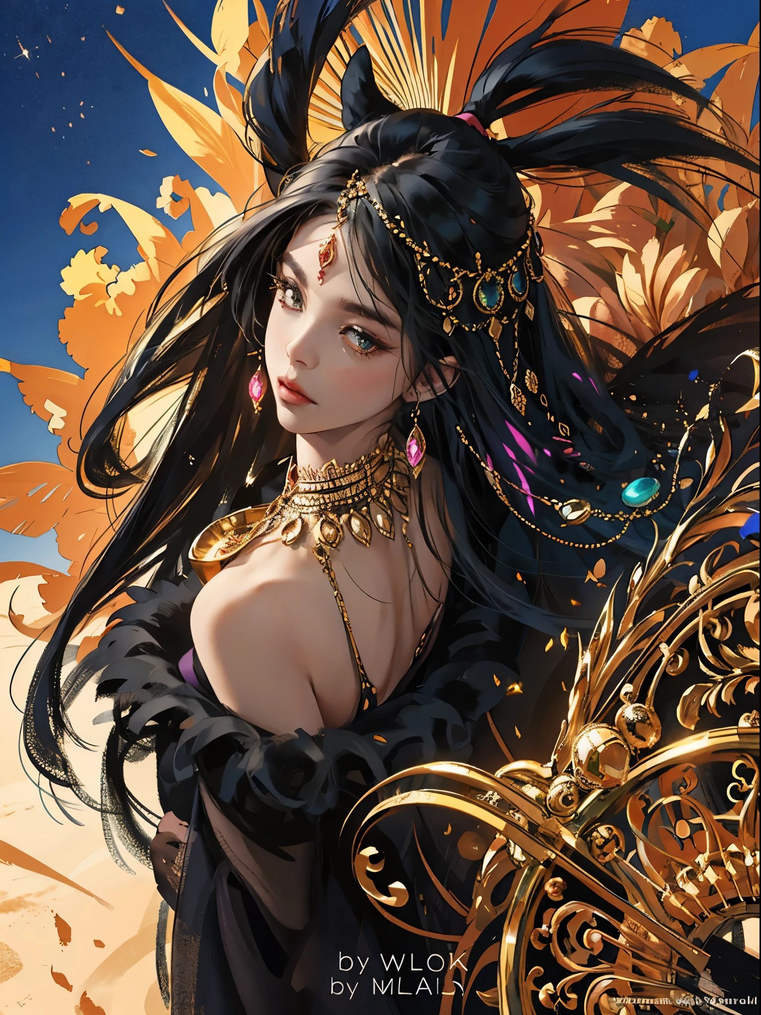 Black panther motif、Vibrant colorasterpiece)))、(((highest quality)))、((Ultra-detailed))、(Surreal)、(Highly detailed CG illustration)、Official Art、Land of Africa、Decadent、Brown Skin、black horse story、masquerade ball、Sophistication、grace、nice、Colorful and elaborate mask designs、Unparalleled beauty、fan、Shining Jewels、Female Solo、The perfect angle、Perfect composition