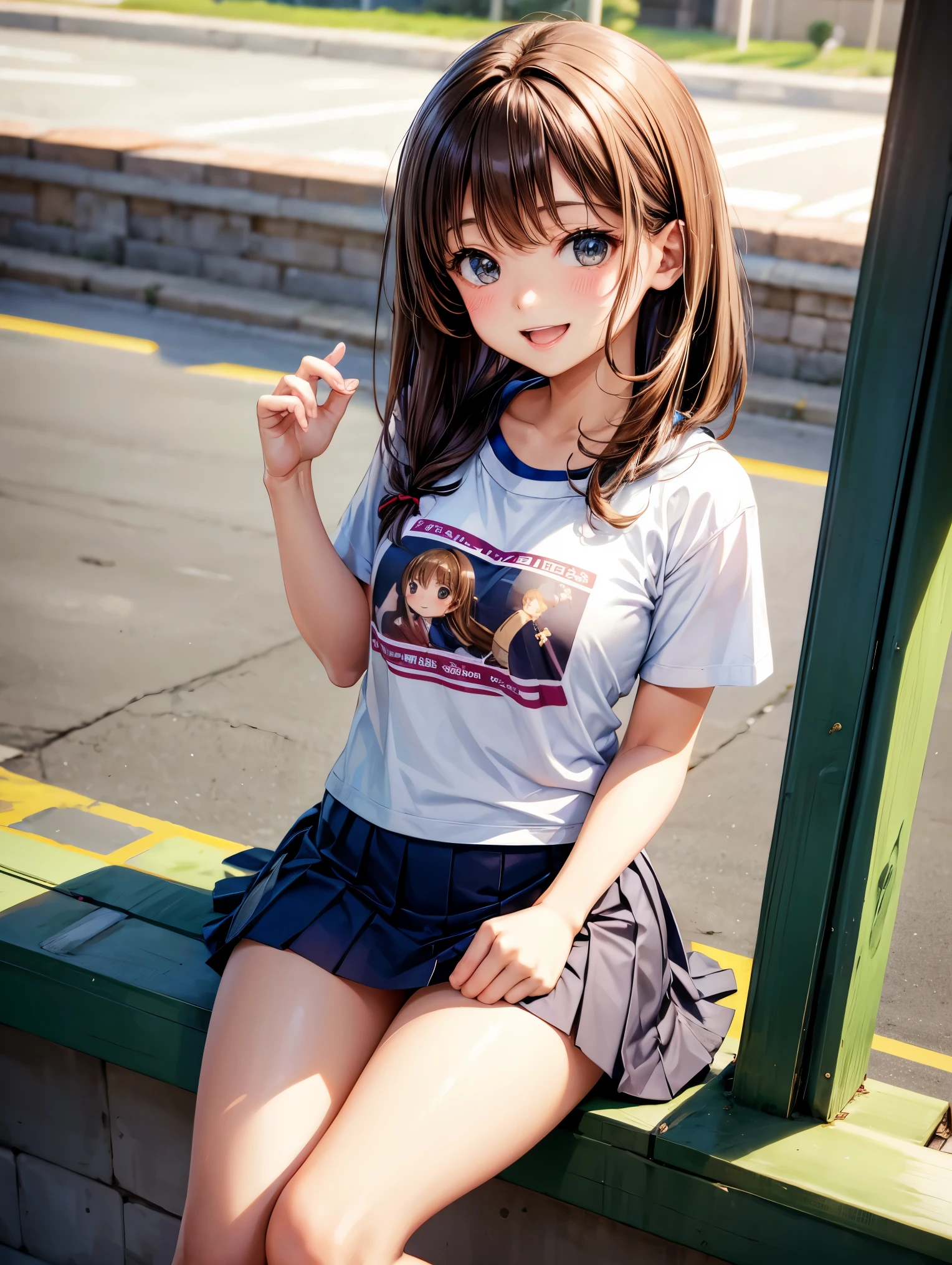 highest quality,best image,Japanese,Small breasts,Brown hair long,,Beautiful girl,smile,T-Shirts,mini skirt