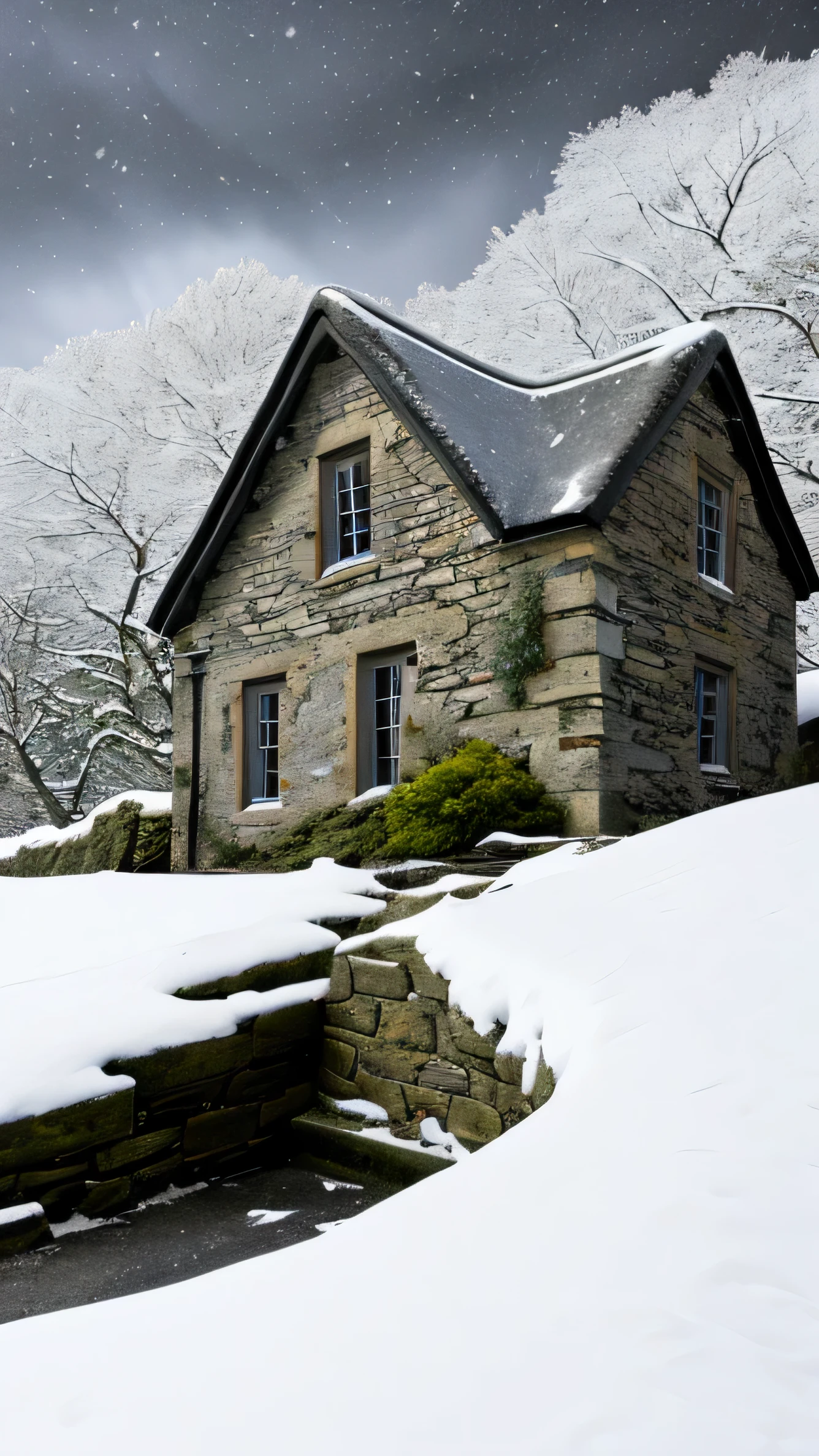 close up, andrew wythe style, old stone cottage on a hillside, very dark sky, night time, snow on the ground, bare trees