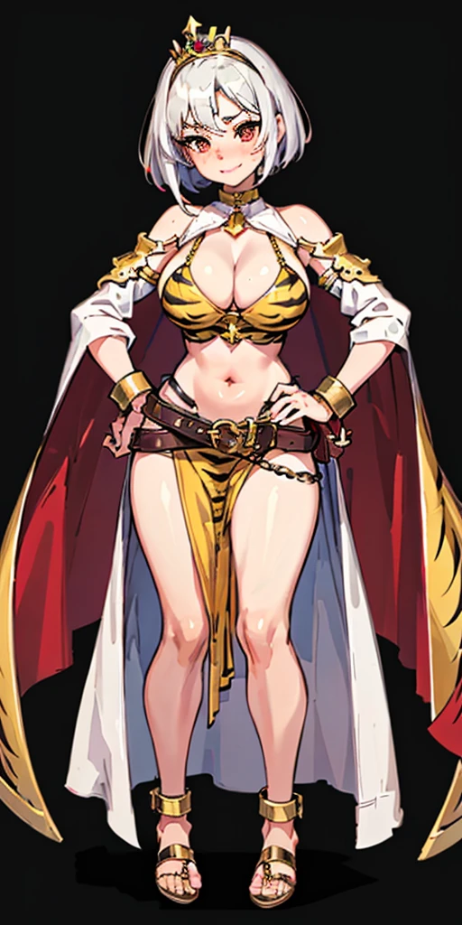((BLACK BACKGROUND 1:2, masterpiece)) 1solo female full body MILF BIMBO standing straight symmetrical with two long thighs and two metal sandals, red eyes like rubies, eye focus looking to the viewer, silver white hair, short bob style hair, big knockers breastplate, breastplate, cleavage, tiara royal, long cape up to two feet, yellow bikini (yellow tiger stripes), lustful smirking smiling, smile face (red blushed, red cheeks), pauldrons metal shoulders, gold sleeveless bracelets, separate sleeves, hands on waist hands OR hips, golden bracers, metal handcuffs, leather corset, red loincloth, black leather choker slave collar, shackles bracelets, slave red crest under navel, navel, big belt around waist OR hips, feet together, metal ankle, two long thighs and two metal sandals