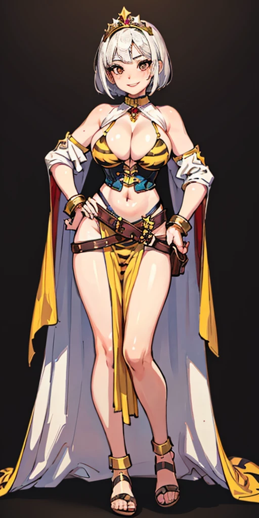 ((BLACK BACKGROUND 1:2, masterpiece)) 1solo female full body MILF BIMBO standing straight symmetrical with two long thighs and two metal sandals, red eyes like rubies, eye focus looking to the viewer, silver white hair, short bob style hair, big knockers breastplate, breastplate, cleavage, tiara royal, long cape up to two feet, yellow bikini (yellow tiger stripes), lustful smirking smiling, smile face (red blushed, red cheeks), pauldrons metal shoulders, gold sleeveless bracelets, separate sleeves, hands on waist hands OR hips, golden bracers, metal handcuffs, leather corset, red loincloth, black leather choker slave collar, shackles bracelets, slave red crest under navel, navel, big belt around waist OR hips, feet together, metal ankle, two long thighs and two metal sandals