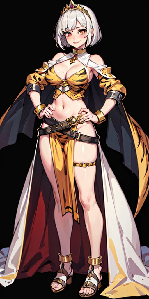 ((BLACK BACKGROUND 1:2, masterpiece)) 1solo female full body MILF BIMBO standing straight symmetrical with two long thighs and two metal sandals, red eyes like rubies, eye focus looking to the viewer, silver white hair, short bob style hair, big knockers breastplate, breastplate, cleavage, tiara royal, long cape up to two feet, yellow bikini (yellow tiger stripes), lustful smirking smiling, smile face (red blushed, red cheeks), pauldrons metal shoulders, gold sleeveless bracelets, separate sleeves, hands on waist hands OR hips, golden bracers, metal handcuffs, leather corset, red loincloth, black leather choker slave collar, shackles bracelets, slave red crest under navel, navel, big belt around waist OR hips, feet together, metal ankle, two long thighs and two metal sandals