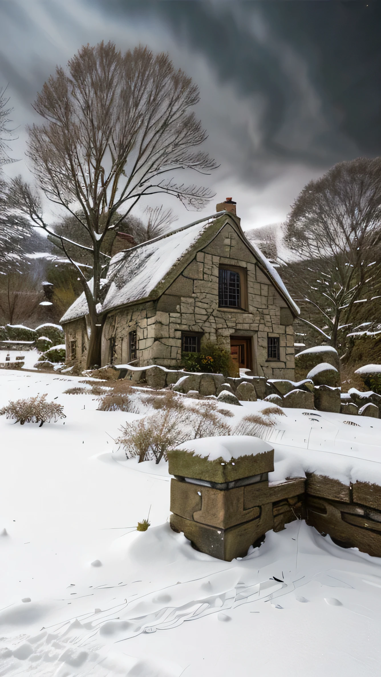 close up, andrew wythe style, old stone cottage on a hillside, very dark sky, night time, snow on the ground, bare trees