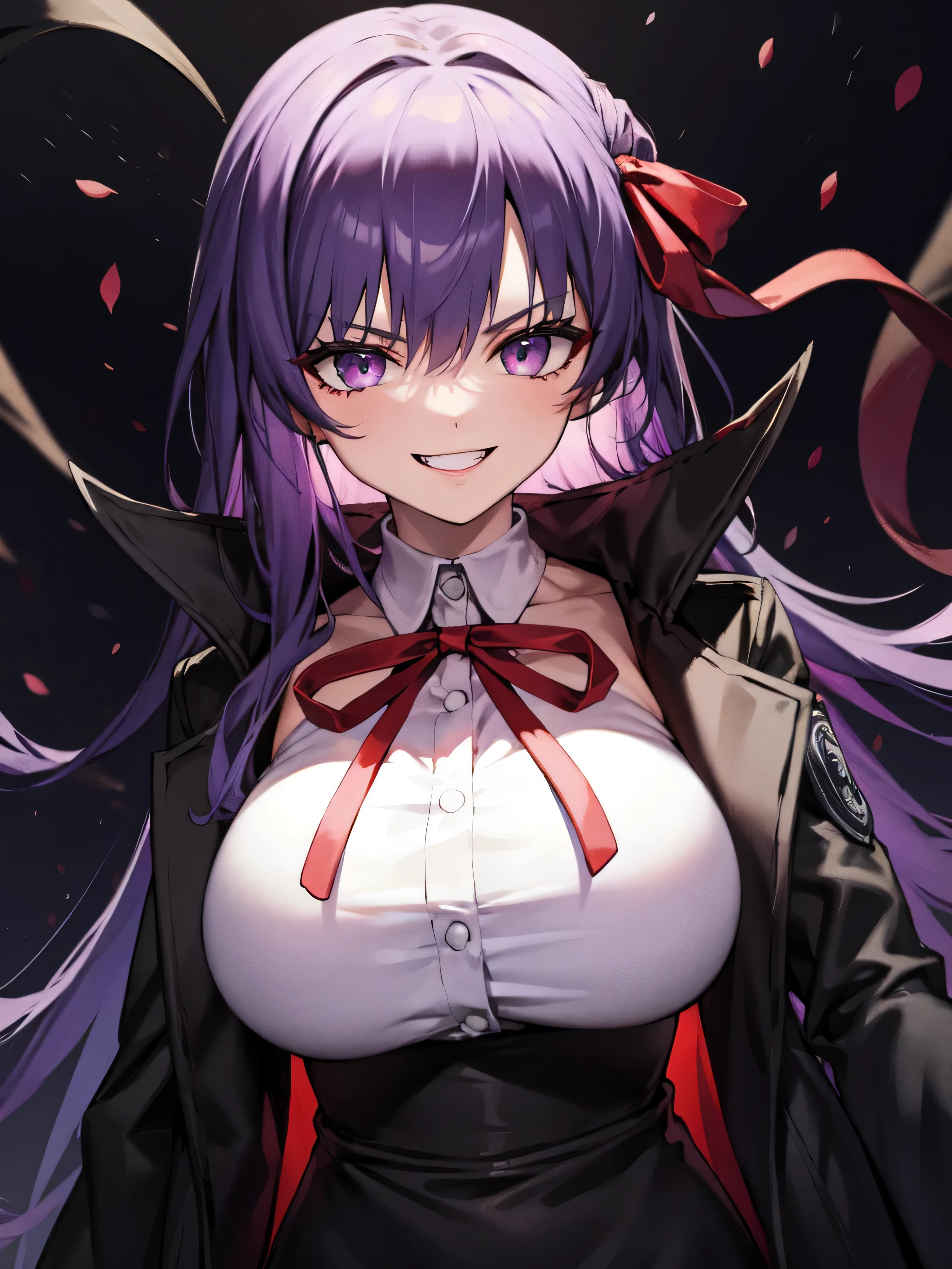 isometric, mid shot, night, ,,, purple hair, black jacket, white shirt, black skirt, red ribbon, big breasts, purple eyes, white gloves, long hair, big collar,,(evil smile:1.3),black darkness,hell,upper body,