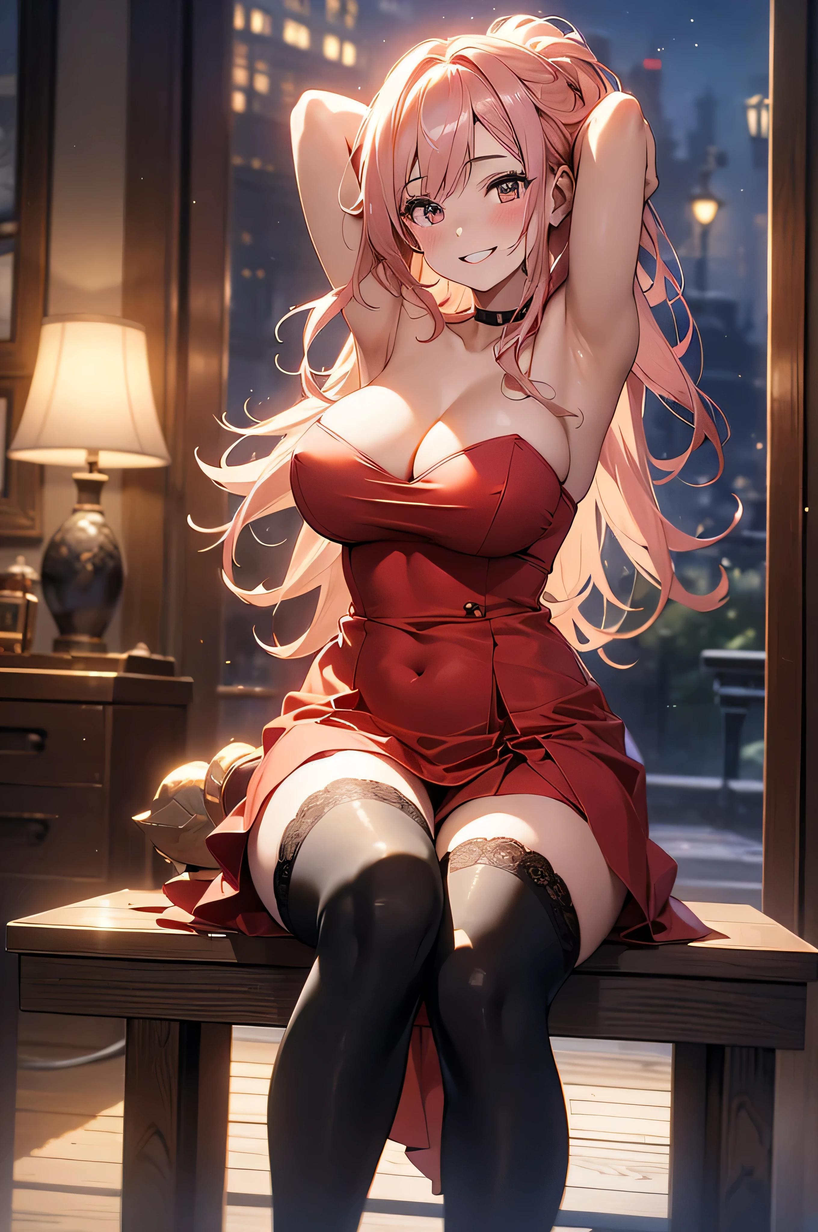 1girl,solo,(bright red lips,blush:0.9),(huge ,(sagging breastsy,smile,looking at viewer,curled hairdo,sitting,
see-through,tight red dress,lace,black thighhighs,(spread legs,to up,luxury room,
(dslr),(in dark,dark theme,night),masterpiece,official art,best quality,ray tracing,volumetric light,realistic,photorealistic,ultra highres,vivid,