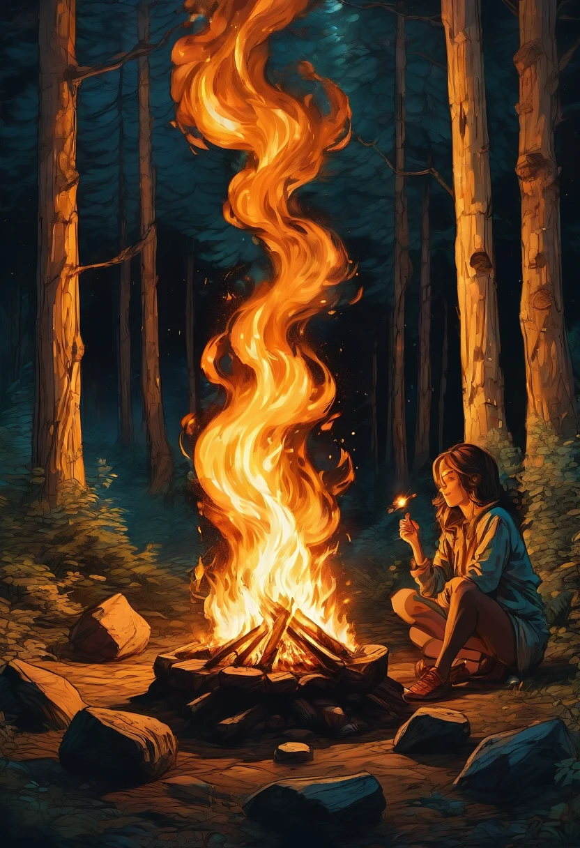 1girl, Campfire, aesthetic, (blazing campfire,crackling flames,majestic bonfire),(best quality,ultra-detailed,realistic:1.37),warm golden glow,vivid colors,wooden logs,burning embers,flickering light,dancing shadows,smoke rising from the fire,sparkling sparks,starlit night sky,camping under the stars,campfire tales,cozy atmosphere,nature's embrace,peaceful setting,crisp air,roasting marshmallows,shadowy figures by the fire,nighttime serenity