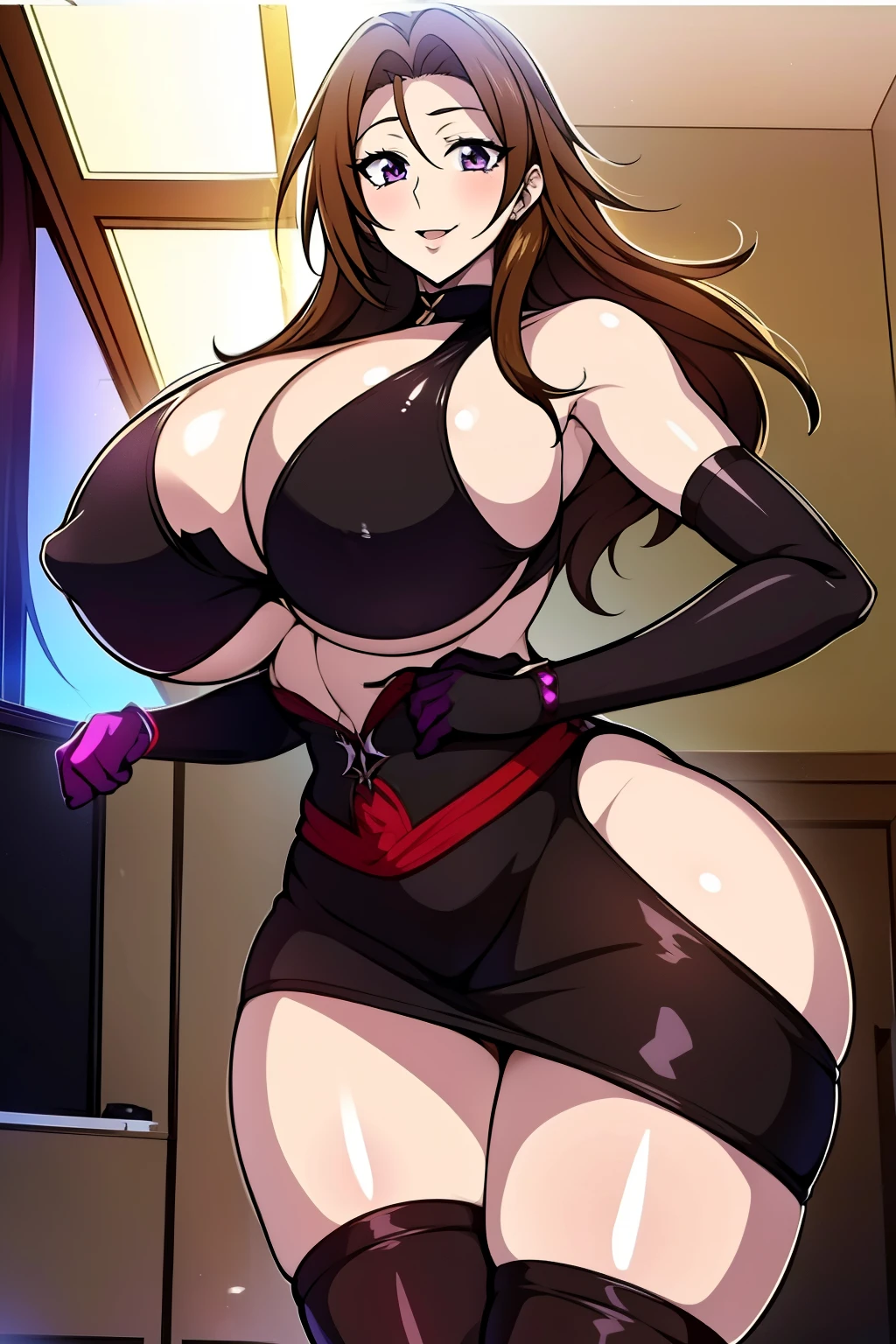 An anime-style artwork depicting Venelana Gremory from the anime High School DxD.

Tags: Venelana Gremory, anime, detailed eyes, detailed lips, ass, bare shoulders, 1girl, brown hair, purple eyes, (black skirt suit:1.1), pencil skirt, miniskirt,curvy, thighs, higheels, shiny clothes, skin tight, cleavage,  solo, huge breasts, smiling expression, intense gaze, dynamic pose, indoor, palace, vibrant colors, digital art, high-resolution, professional quality, gigantic breasts, (underboob : 1.4), curvy, cowboy shot, (gigantic breasts: 1.4),