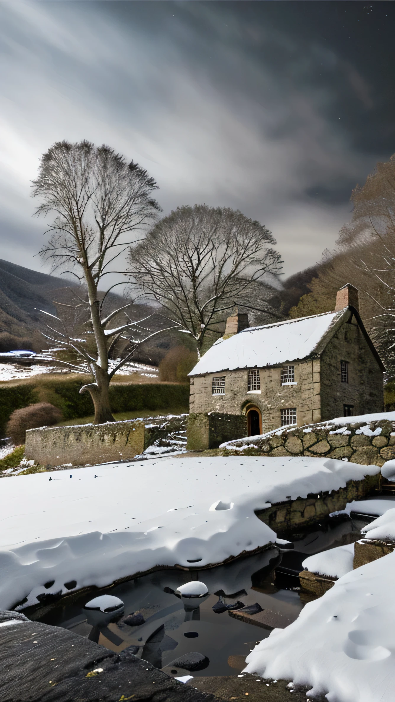 close up, andrew wythe style, old stone cottage on a hillside, very dark sky, night time, snow on the ground, bare trees