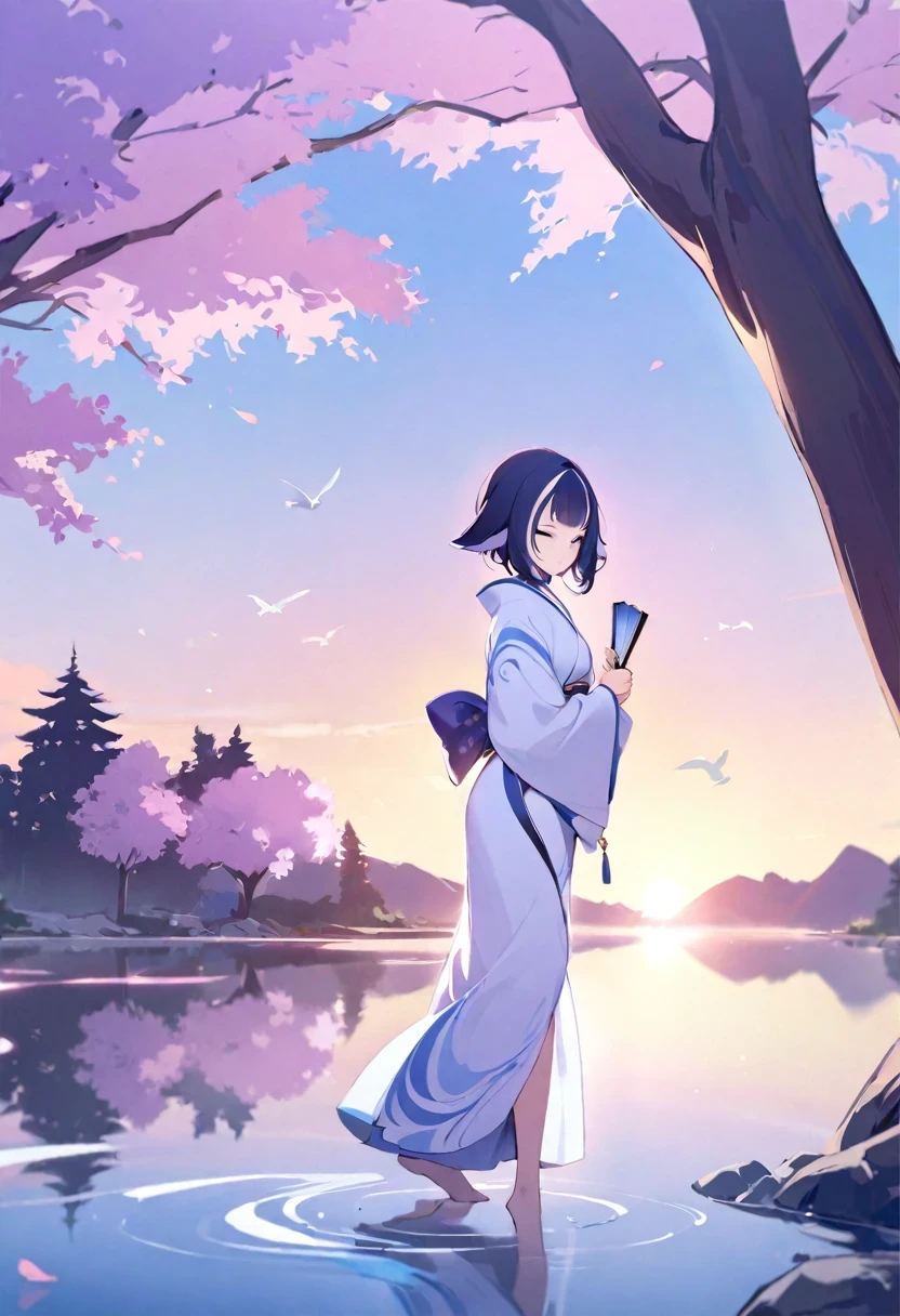 (shylily/(Twich/):1.5),(masterpiece:1.2),(best quality:1.2),, (1girl:1.3),(Top quality,Ink painting style,Fresh and elegant, Clear lake water,Sunset cherry blossoms fall,Girl in simple white kimono,Folding fan in hand,Breeze in the wind,Tree-lined woods,Cheerful birds singing,A poetic scene)