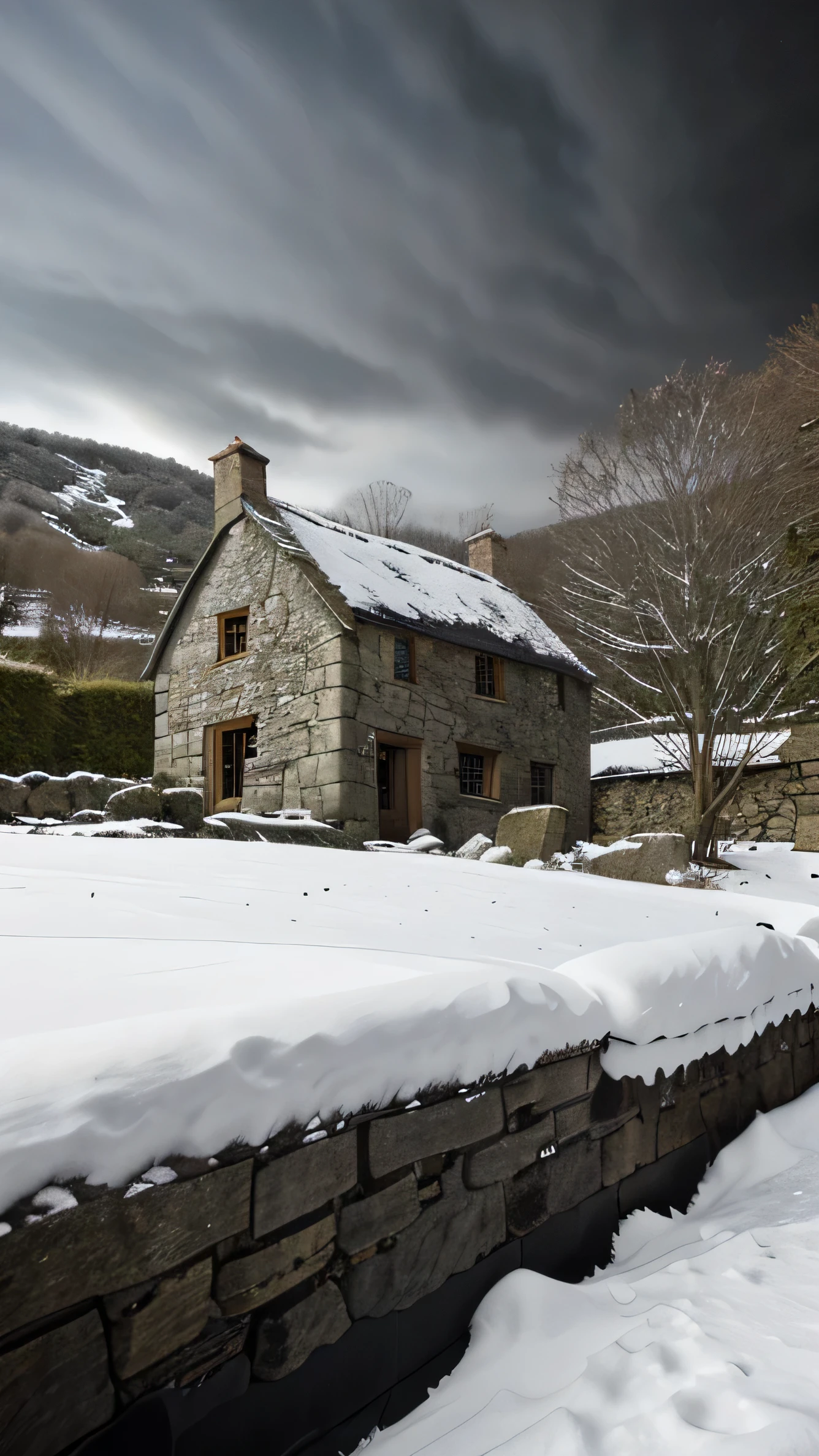 close up, andrew wythe style, old stone cottage on a hillside, very dark sky, night time, snow on the ground, bare trees