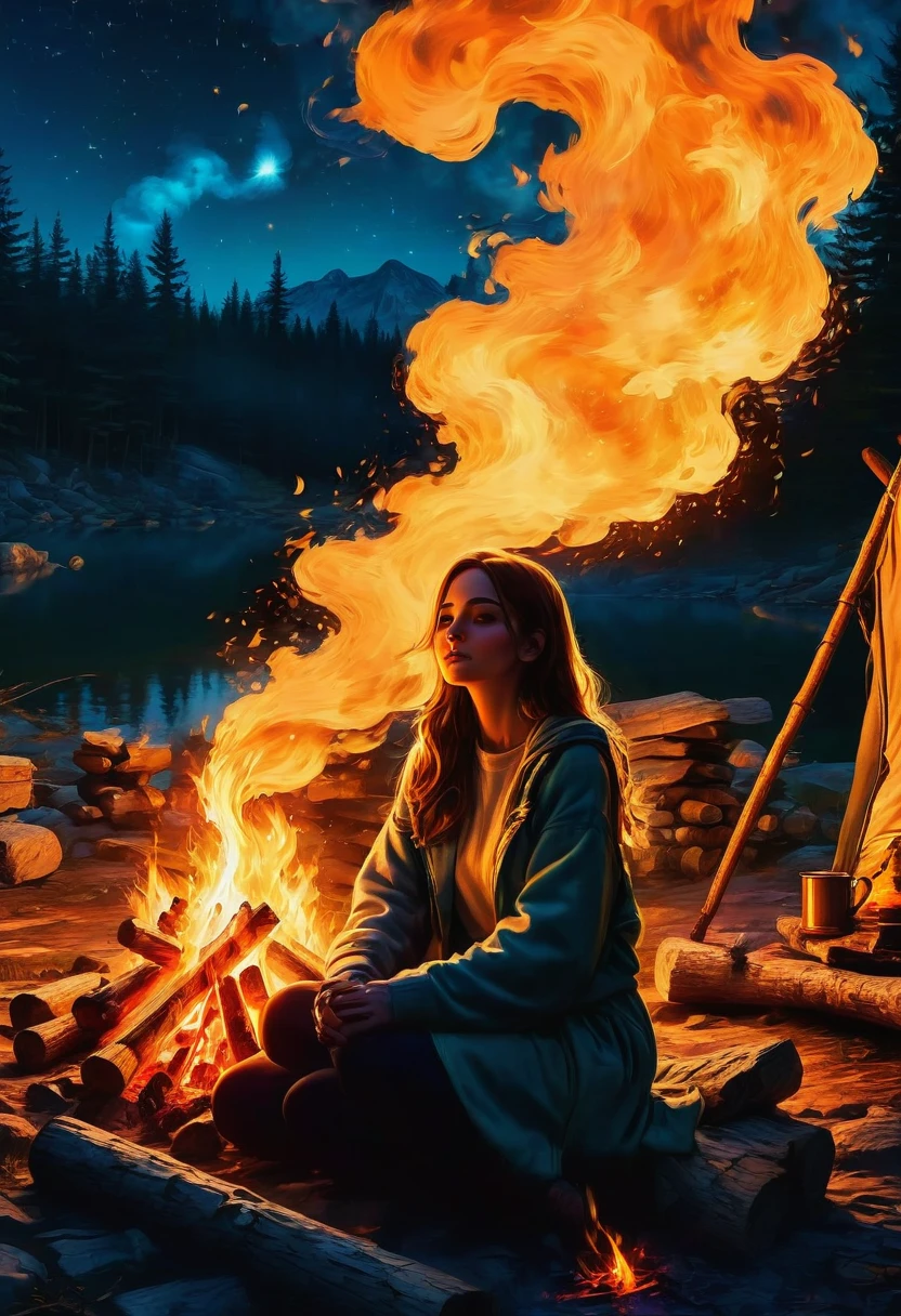 1girl, Campfire, aesthetic, (blazing campfire,crackling flames,majestic bonfire),(best quality,ultra-detailed,realistic:1.37),warm golden glow,vivid colors,wooden logs,burning embers,flickering light,dancing shadows,smoke rising from the fire,sparkling sparks,starlit night sky,camping under the stars,campfire tales,cozy atmosphere,nature's embrace,peaceful setting,crisp air,roasting marshmallows,shadowy figures by the fire,nighttime serenity