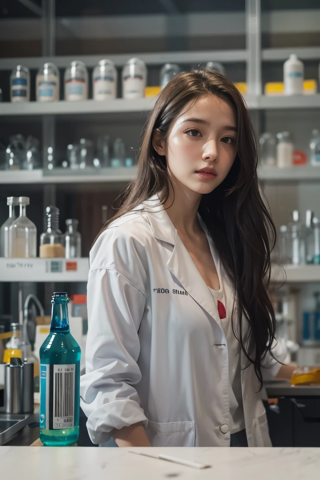 Araped woman in white lab coat in chemistry lab, long straight hair, Cerveza Soft Devil Queen Madison, Violet Myers, No makeup, wavy hair, without makeup, portrait of a girl, Profile picture, Use Instagram Filters, Subtle soft and dim light, flask. chemicals, perfect face, julia sardinian