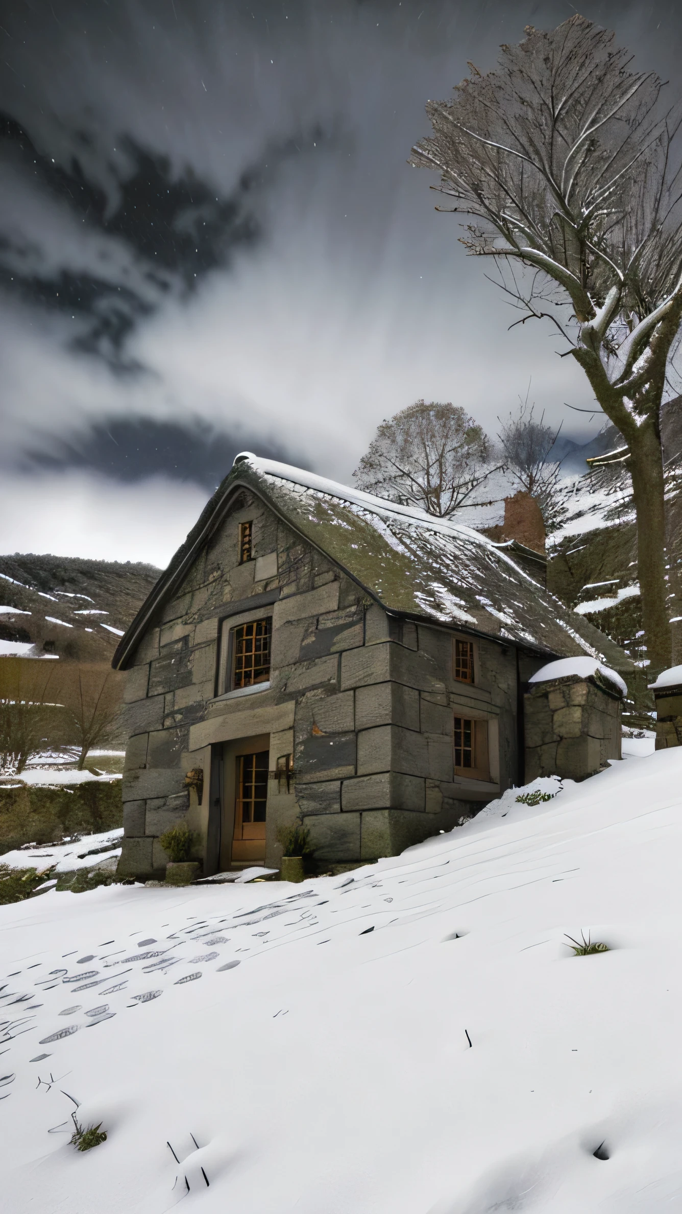 close up, andrew wythe style, old stone cottage on a hillside, very dark sky, night time, snow on the ground, bare trees