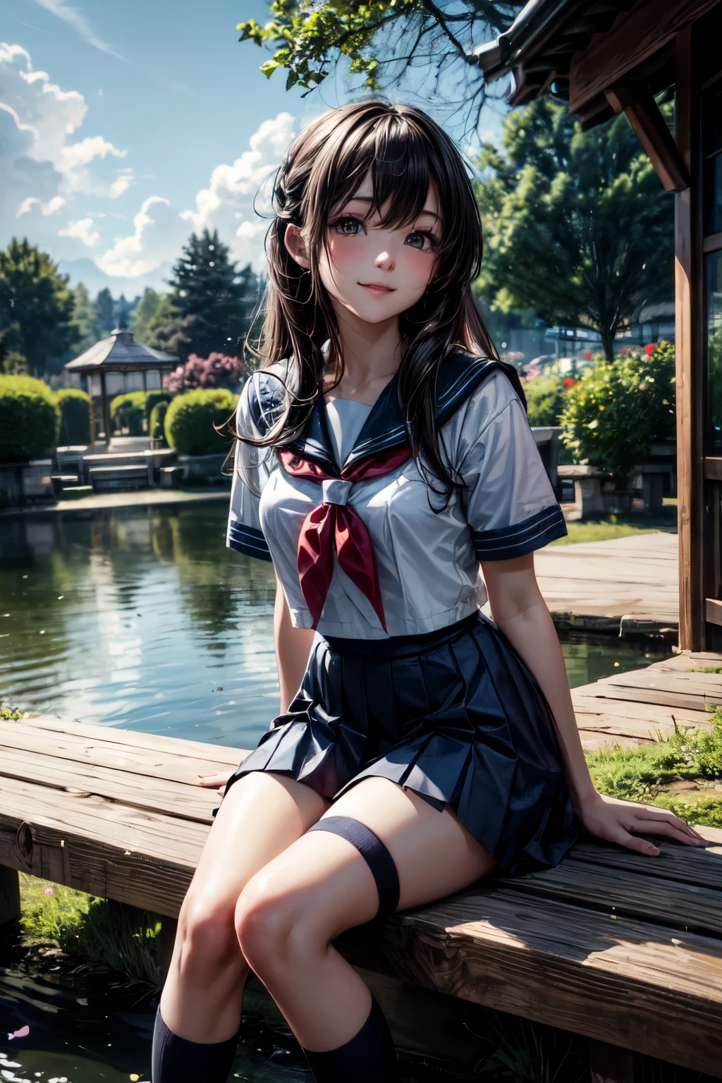 very cute and beautiful school girl,teen,(highly detailed beautiful face),
(smile),happy,looking at viewer,black hair,(sailor school uniform),(pleated navy blue mini skirt),
sitting on wooden bench in elegant gazebo,flower garden,pond view,forest,
(best quality,masterpiece:1.0),absurdres,highres,ultra-detailed,extremely detailed,32k,8k resolution,
intricate details,cinematic scene,detailed background,solo,dynamic angle,
hair fluttering in the wind,beautiful detailed sky,