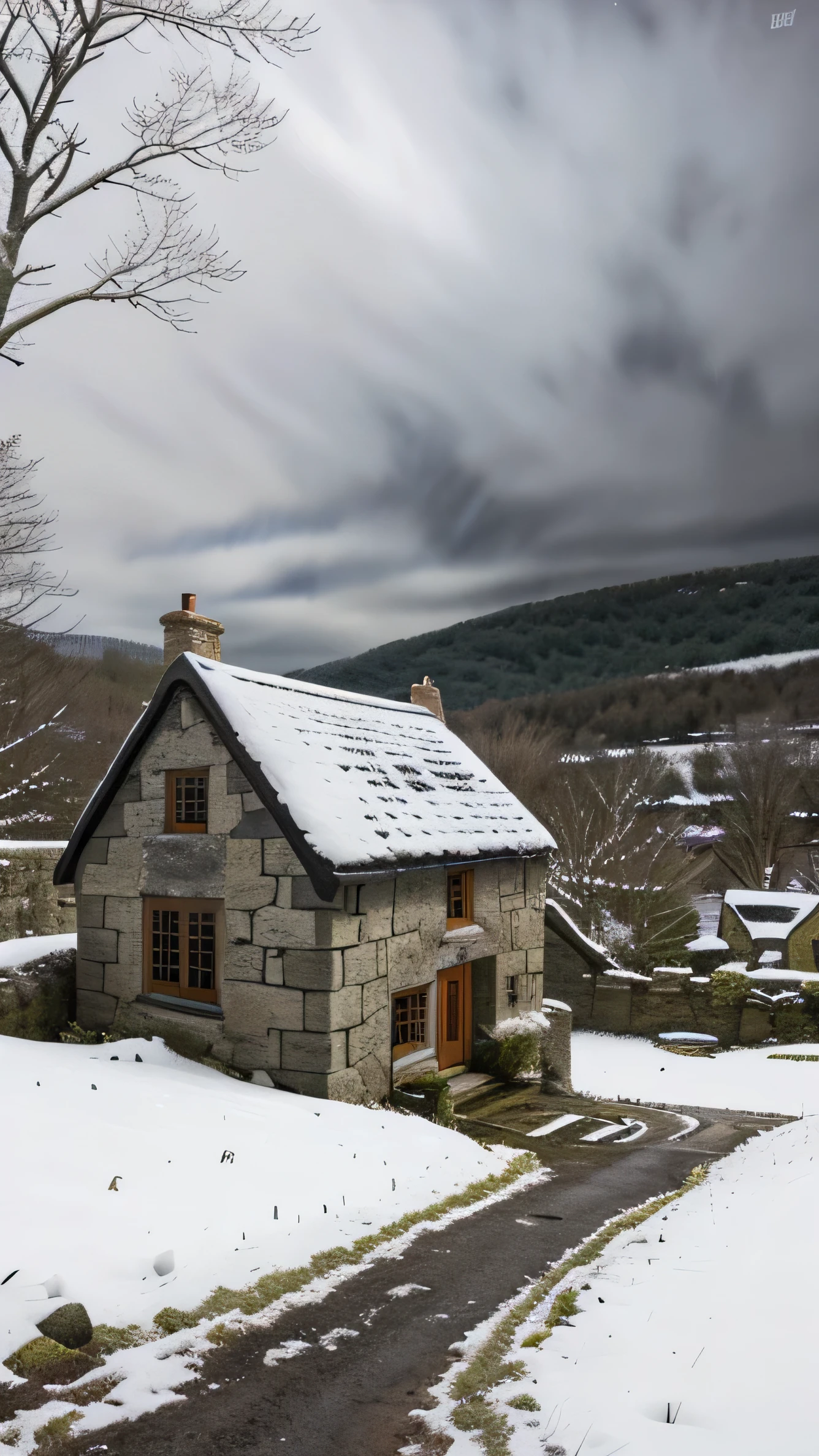 close up, andrew wythe style, old stone cottage on a hillside, very dark sky, night time, snow on the ground, bare trees