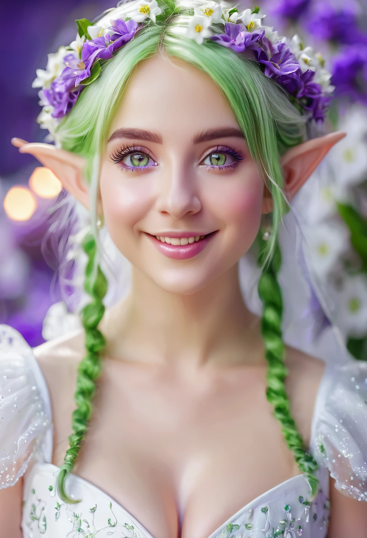 Stable Diffusion prompt: Elf, standing, smiling, beautiful detailed eyes, green detailed eyes, purple and white hair, white dress, flowers, white skin, white body, showing cleavage, small, oil painting, ultra-detailed, studio lighting, vivid colors, bokeh, portraits, green and purple color tones, soft lighting