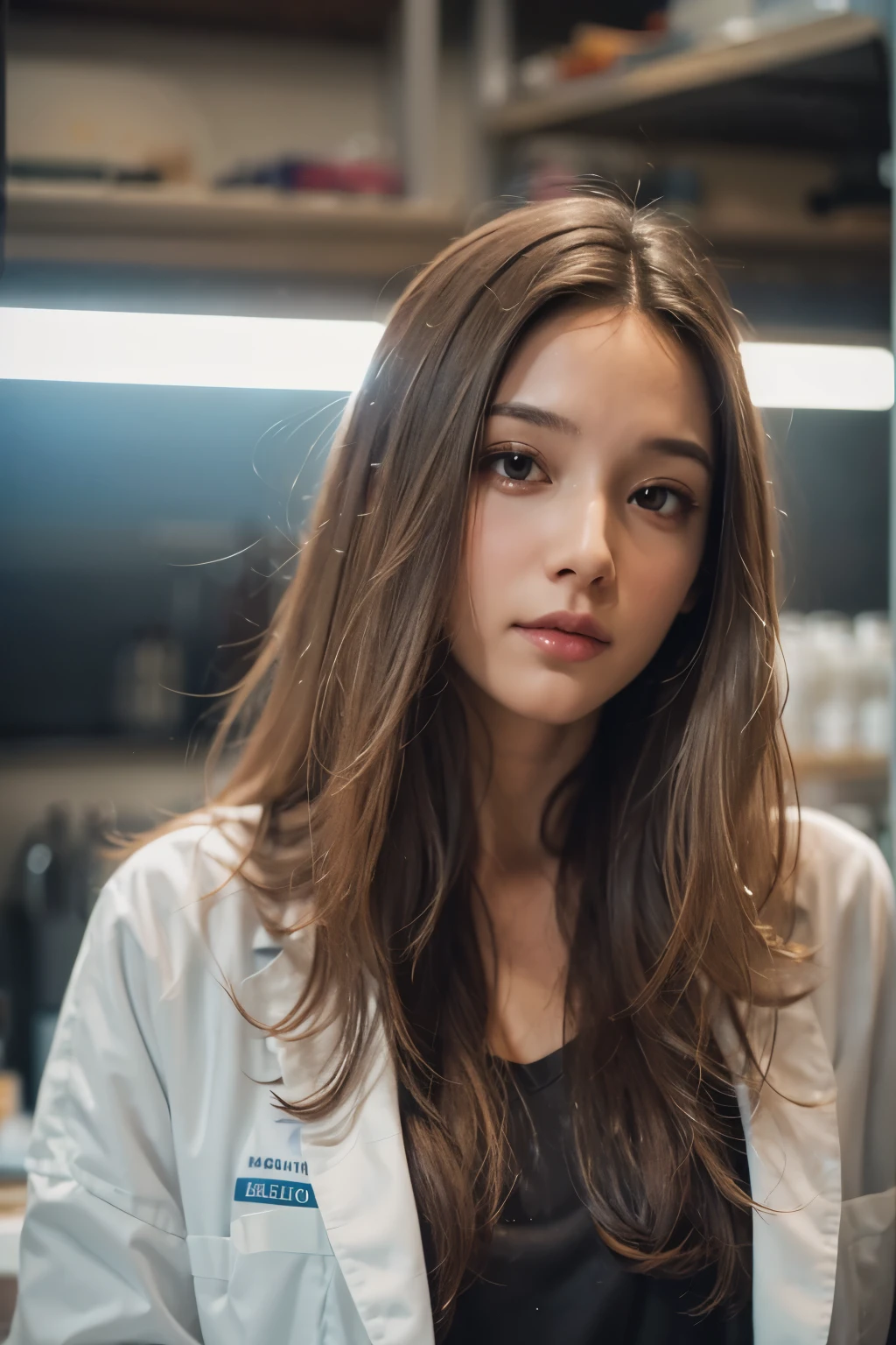 Araped woman in white lab coat in chemistry lab, long straight hair, Cerveza Soft Devil Queen Madison, Violet Myers, No makeup, wavy hair, without makeup, portrait of a girl, Profile picture, Use Instagram Filters, Subtle soft and dim light, flask. chemicals, perfect face, julia sardinian